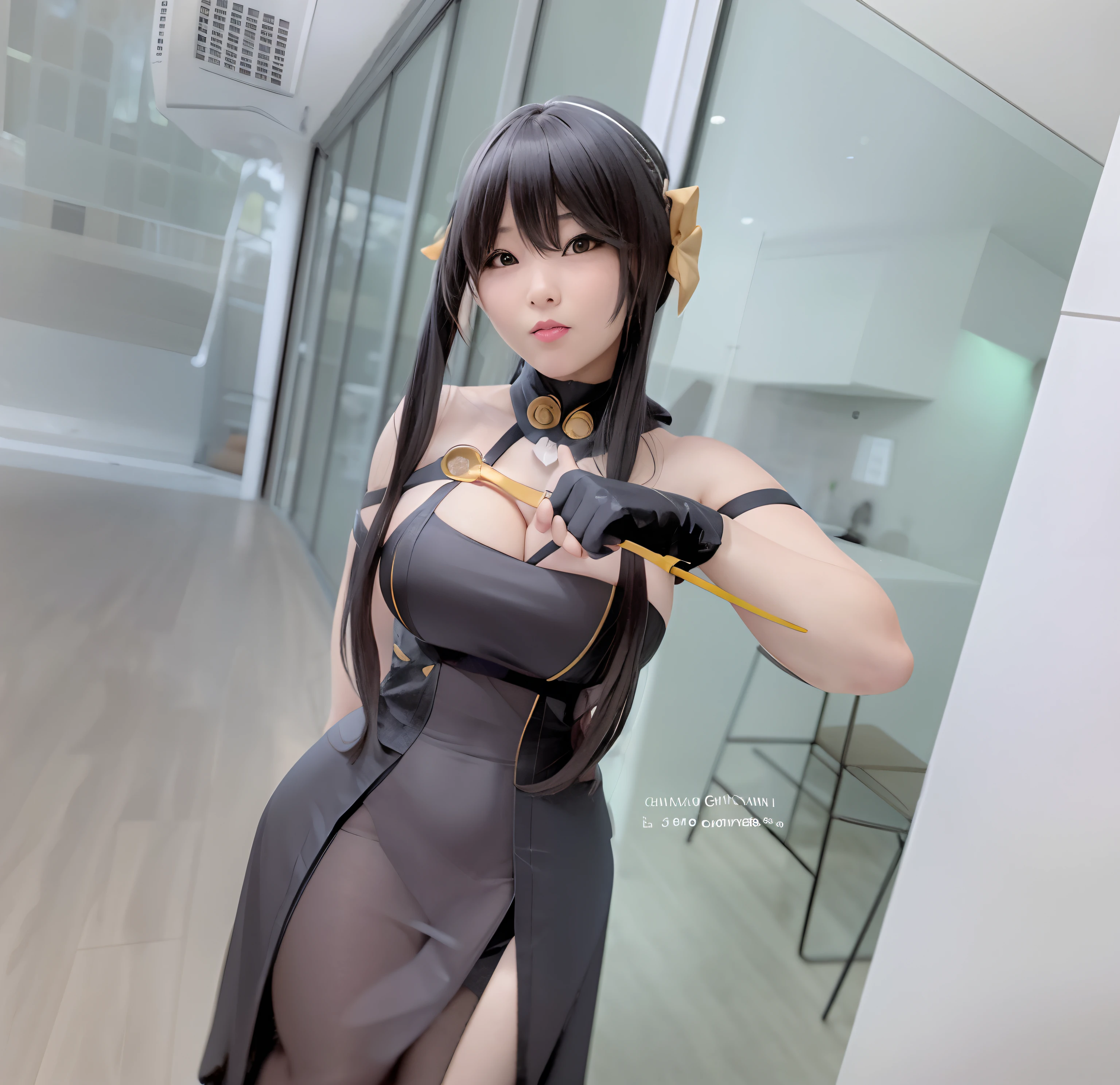 there is a woman in a dress that is holding a bow, very big breast, anime girl cosplay, captured on canon eos r 6, anime cosplay, cosplay, professional cosplay, anya from spy x family, elegant glamourous cosplay, taken with canon 5d mk4, cosplayer, taken with canon eos 5 d mark iv, full body xianxia, cosplay photo, inspired by Yang J