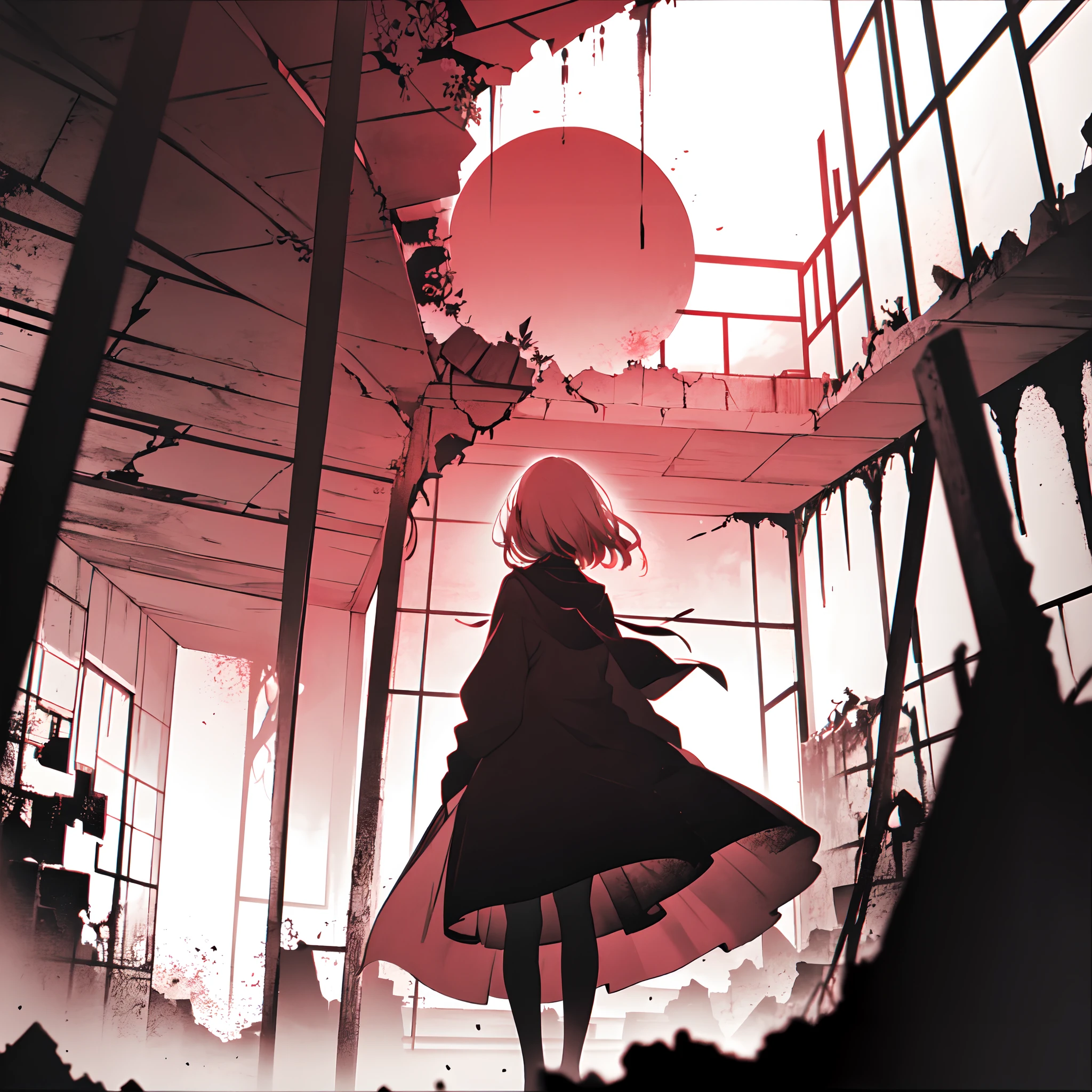 Within the ruins, very dark chaos vibes, there was a blonde haired girl, crying under a sky without stars and sun ((monochromatic))