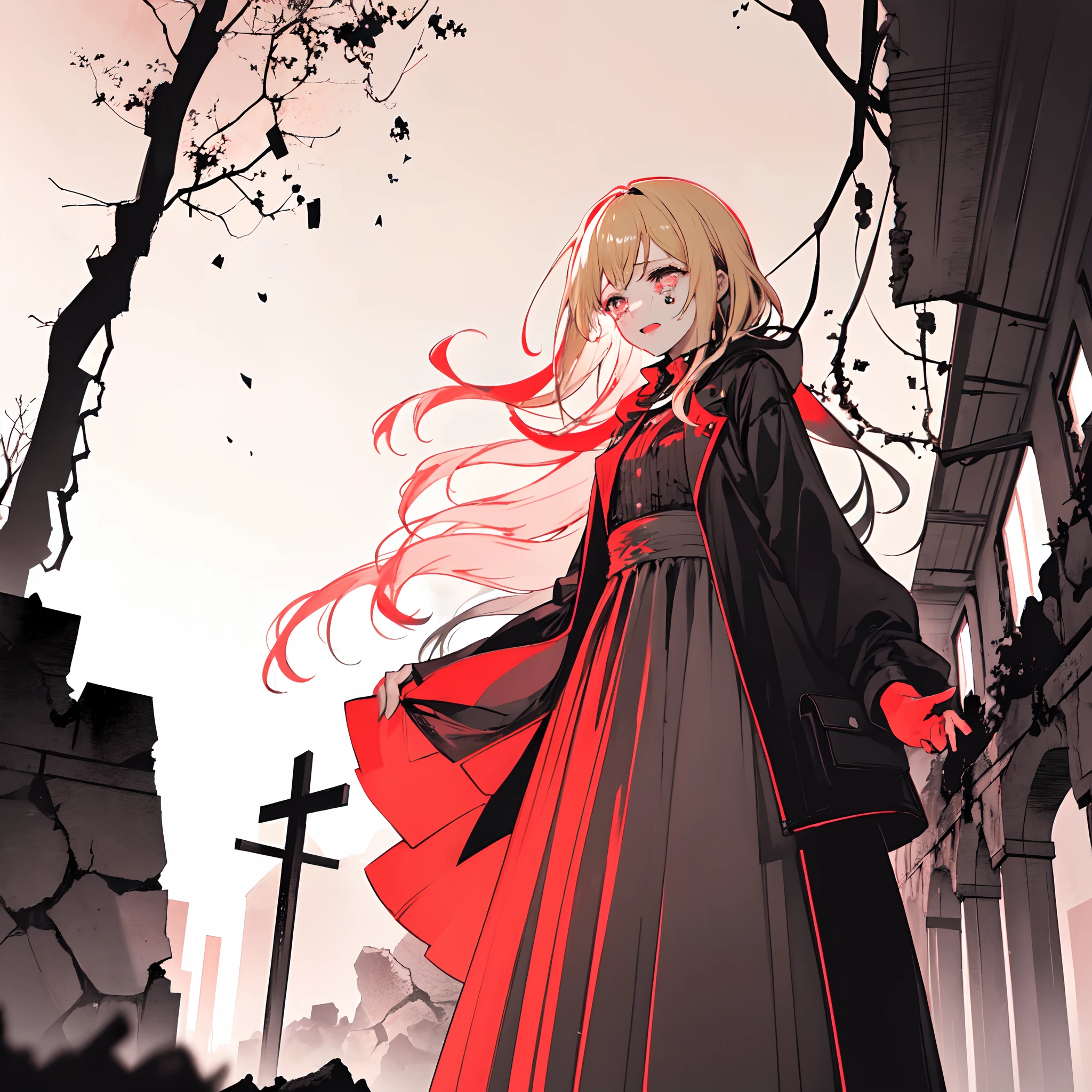 Within the ruins, very dark chaos vibes, there was a blonde haired girl, crying under a sky without stars and sun ((monochromatic))