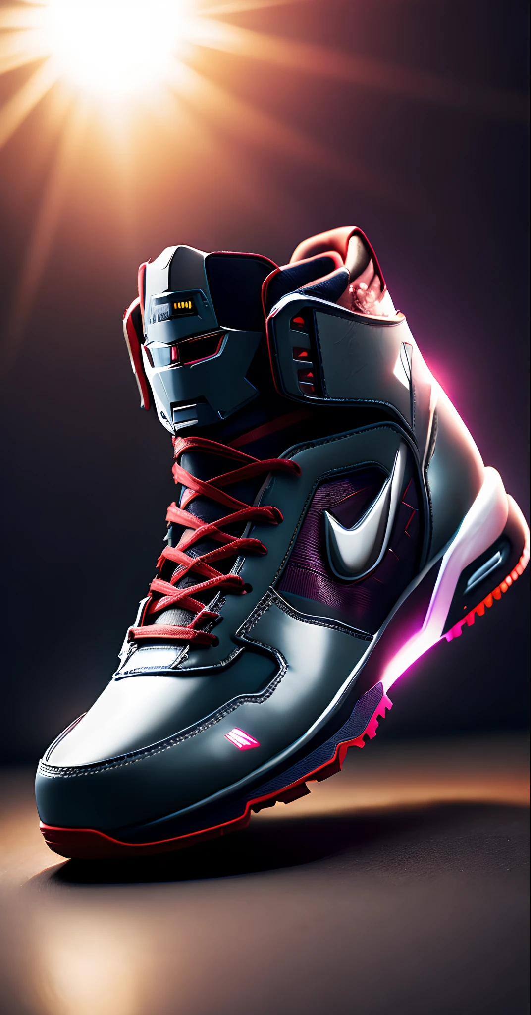 product photography of a cybepunk Ironman sneakers, epic render, octane, atmosphere, particles, soft volumetric lights, (backlit:1.3), (cinematic:1.3), intricate details, (ArtStation:1.3)