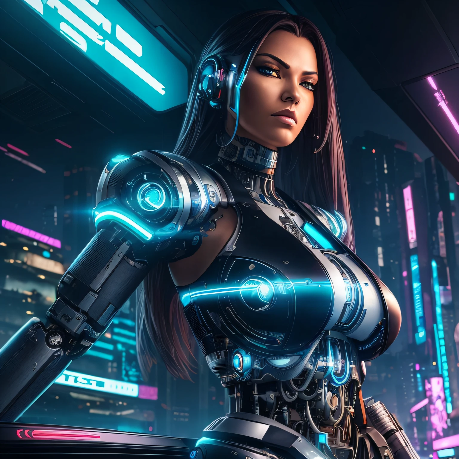woman ((Cyborg)), tmasterpiece, ((big assa)), ((Bigchest)), German woman, perfect  face, perfect bodies, 8K, Perfect image, ((realisticlying)), Futuristic setting ((Cyberpunk)), sexy women, Exciting position, photorealistic paintings