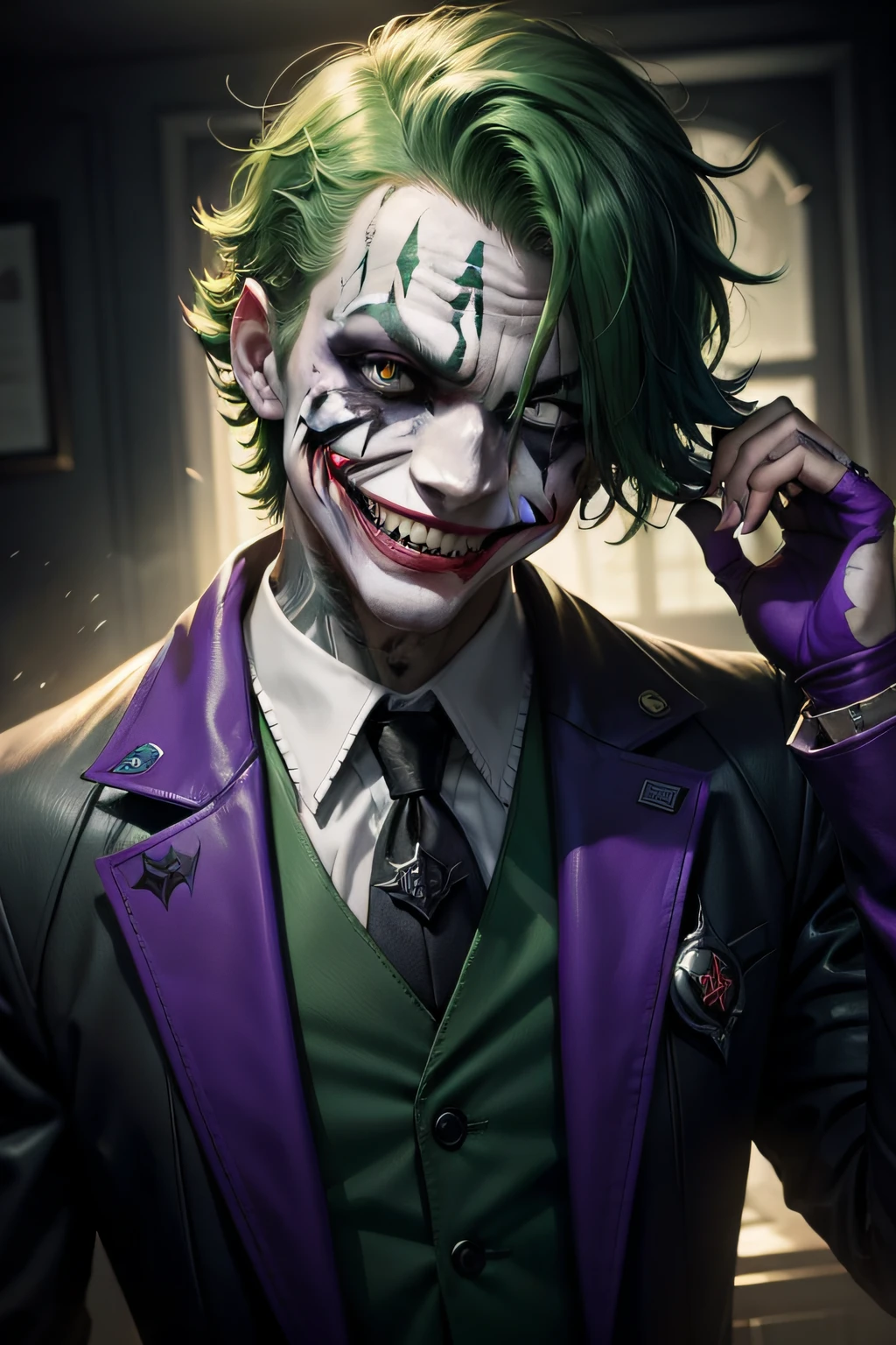 Arkham Joker, 1 boy, green hair, evil smile,