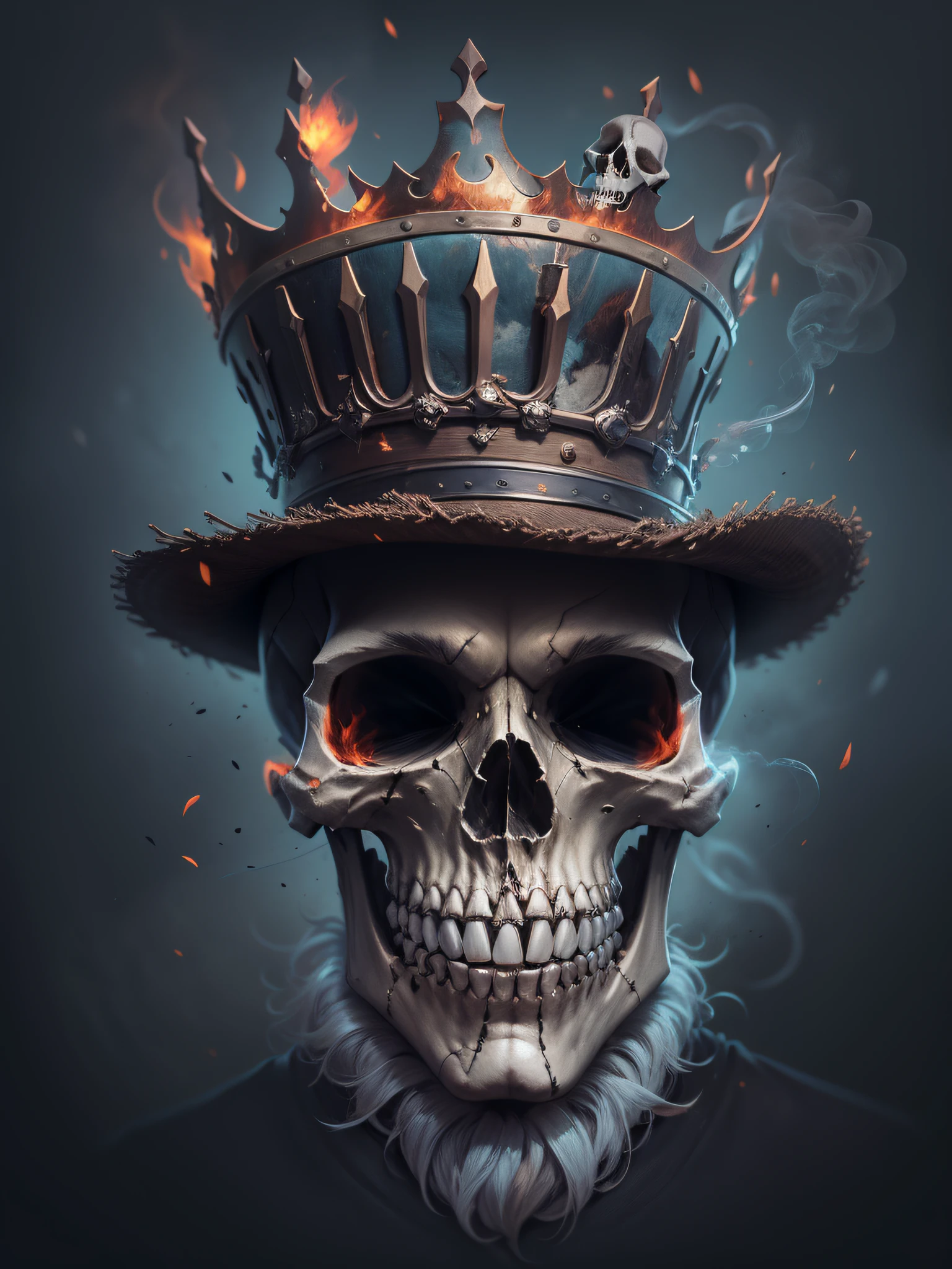 a skull with a hat and a cigarette in its mouth, digital art by Tom Wänerstrand, trend in cg society, gothic art, um esqueleto fumando um charuto, esqueletos fumando charutos, O Rei da Morte, with a crown of skulls, olhar, 8 k altamente detalhado ❤🔥 🔥 💀 🤖 🚀, portrait skull clown, skull clown, ((skull))