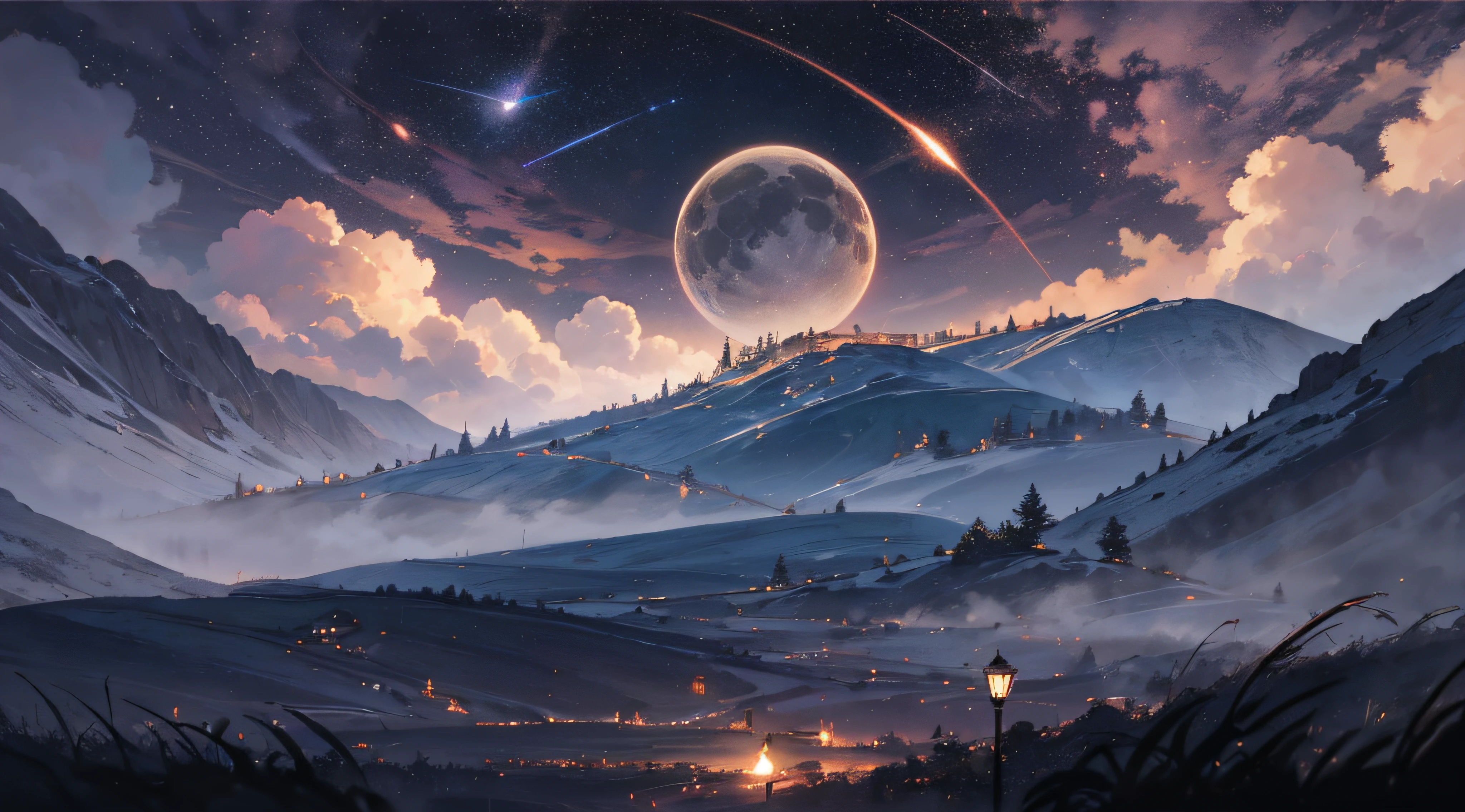 Expansive landscape photograph,(moon full:1.2),(meteors:0.9),(Starcloud:1.3),(Warm light source:1.2),(glowworm:1.2),lamp lights,Lots of purple and orange,Complicated details,Volumetriclighting,Realism BREAK(tmasterpiece:1.2),(best qualtiy),8K,Ultra-detailed,(dynamic compositions:1.4),The is very detailed,Colorful details,(Irridescent color:1.2),(luminouslighting,Atmospheric lighting),dream magical,magical,(独奏:1.2),((best qualtiy)), ((tmasterpiece)), (the detail:1.4),depth of fields,maximum definition and sharpness,perfectly proportions,Fluttering clouds,Wallpapers