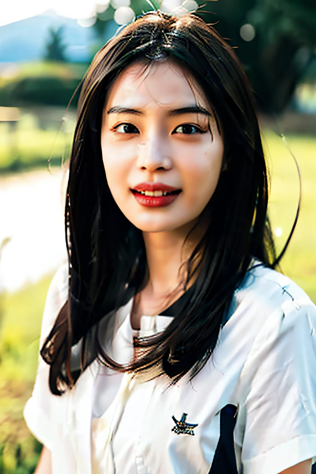 （tmasterpiece，best qualtiy，Beautiful quality，Photorealsitic，looking at viewert，In the fields，soft sun light，Detailed lighting，Extremely detailed skin，Extremely detailed hair，Extremely detailed teeth，shadowing，8K：1.2），（photograph of a woman，18yr old，1girll：1.5），