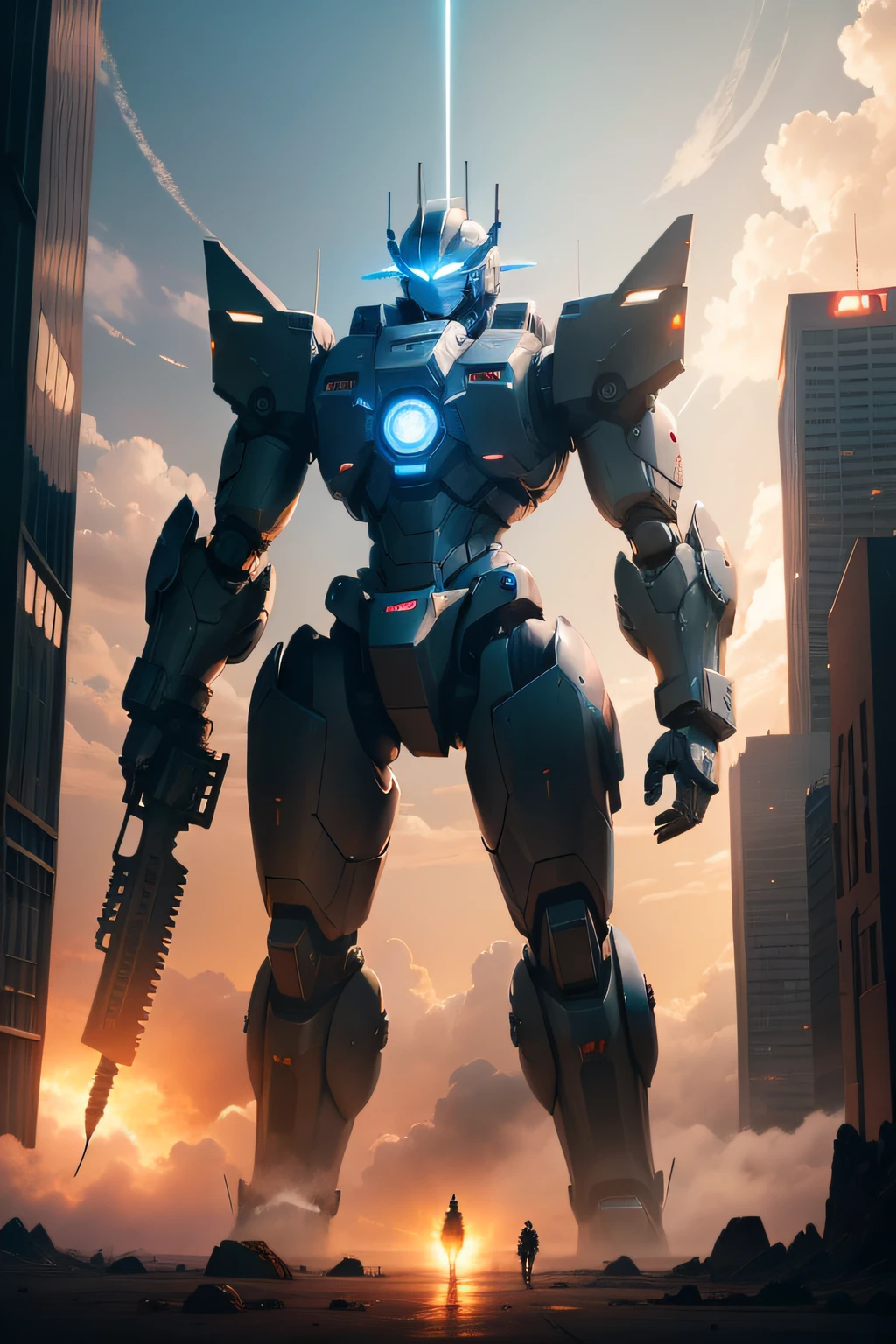 sky, cloud, holding_weapon, no_humans, glowing, , robot, building, glowing_eyes, mecha, science_fiction, city, realistic,mecha