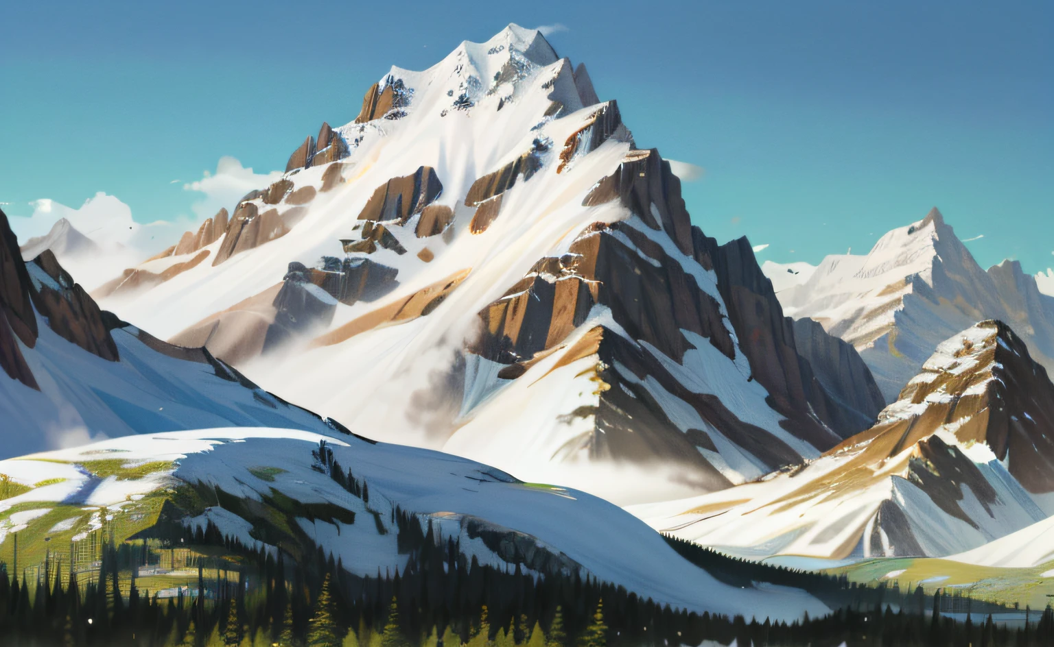 A stunning view of landscape painting，Lakes and mountains，Snow-covered peaks，Stunning landscape，Environmental art in snowy mountains，Majestic mountain ranges。