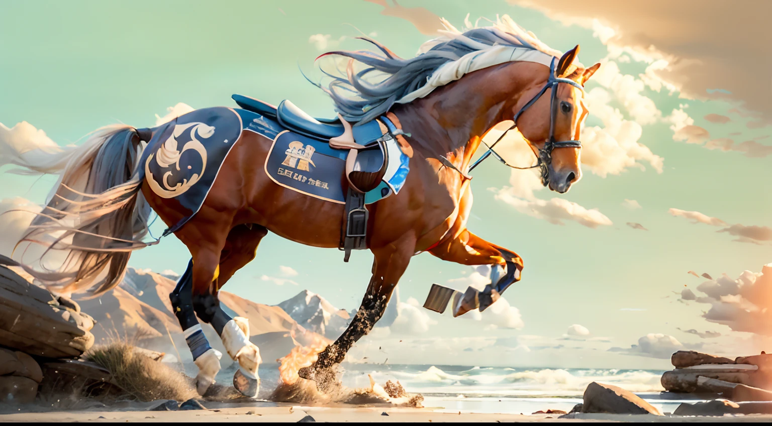 8 horses，Ultra-grand scenes，super wide shot，1#cavalos，2#cavalos，3#cavalos，4#cavalos，5#cavalos，6#cavalos，7#cavalos，8#cavalos。Extremely special and rare eight horses surround each other，Gallop across the steppe like a clock。The vast plains of the epic scene are rich in aquatic plants，In the distance is the snow-capped summit of Mount Everest，Snow creek flows into the sea，At the other end is the magnificent giant city，The horse team entered and exited from the city gate。
The Lightcast Pegasus from the Supreme Heaven has a rainbow aperture from the Supreme Heaven，She rides between light and pure，No additional ornaments are needed to highlight her dignity and holiness，Even the sky showed her a clear sky，She has a deep enmity with the nightmare heavy ride from hell，The two never put their heads next to each other，Surrounded by sulphurous flames, the Hellmare Heavy Ride makes every time a horse's hooves fall, stepping flat grass out of the lava from the ground，The sky in the steppe is brighter，It makes the earth deeper。
The wind wings of the wind elf horse let its position be erratic，She always couldn't help but tease the mechanical horse with a cyan aperture，The mechanical horse is full of mecha beauty，The shoulder back position always reveals delicate mechanical fittings，Four kicks with a hydraulic pump and electromagnetic ejection device。
Unicorns want to steal all horses from their pure and flawless beauty，But on the side, the fairy dragon horse is comparing with it，Their unique elven-patterned armor and colorful saddles make them the most stylish horses。The female knight is charging on her knightly warhorse，Her lofty ideals made her will unstoppable，There is no doubt that she is the protagonist of this picture。There is also a horse from unknown territory mixed in，It has a weird style and chaotic colors that are almost unimaginable，This gives the whole picture an extremely dangerous uncertainty，The slightest mistake can break the whole picture。Use the Latent couple and