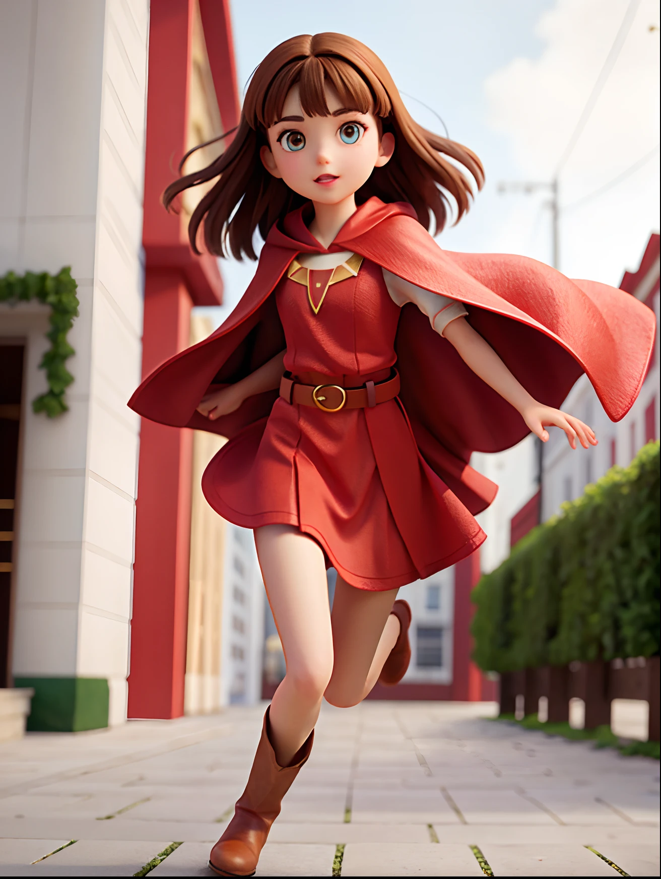 Brunette girl in red cape,The long red dress has no accessories,Brown belt,Brown boots, Same outfit,full bodyesbian, Running ,Beautiful face, Delicate face,beautidful eyes, white backgrounid,Without background