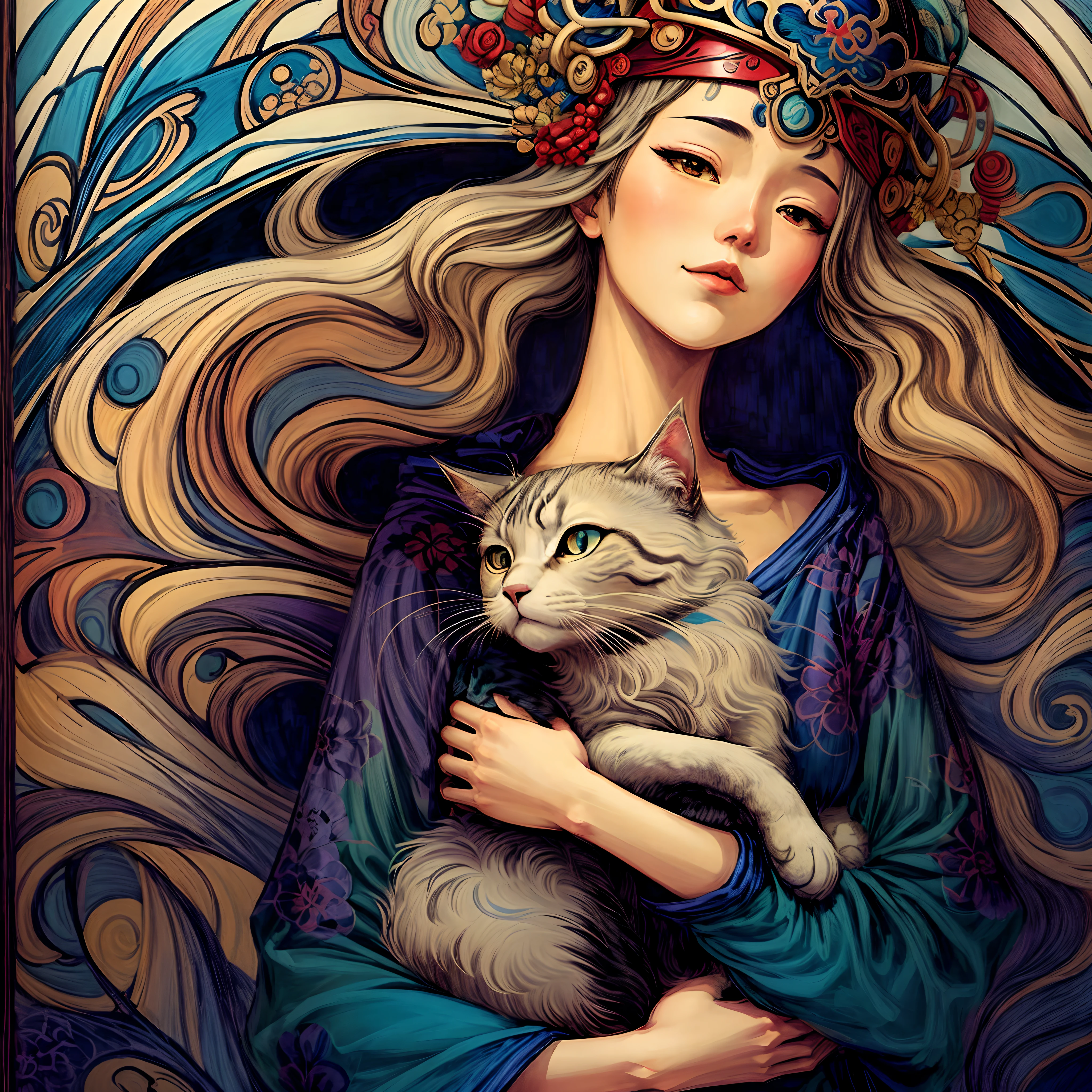painting of a woman with a cat in her arms, inspired by Yoshihiko Wada, anime art nouveau, korean art nouveau anime, in the art style of ukiyo - e, manara, persian folktale artstyle, in the art style of bowater, inspired by Koryusai Isoda, woman and cat, digital anime illustration