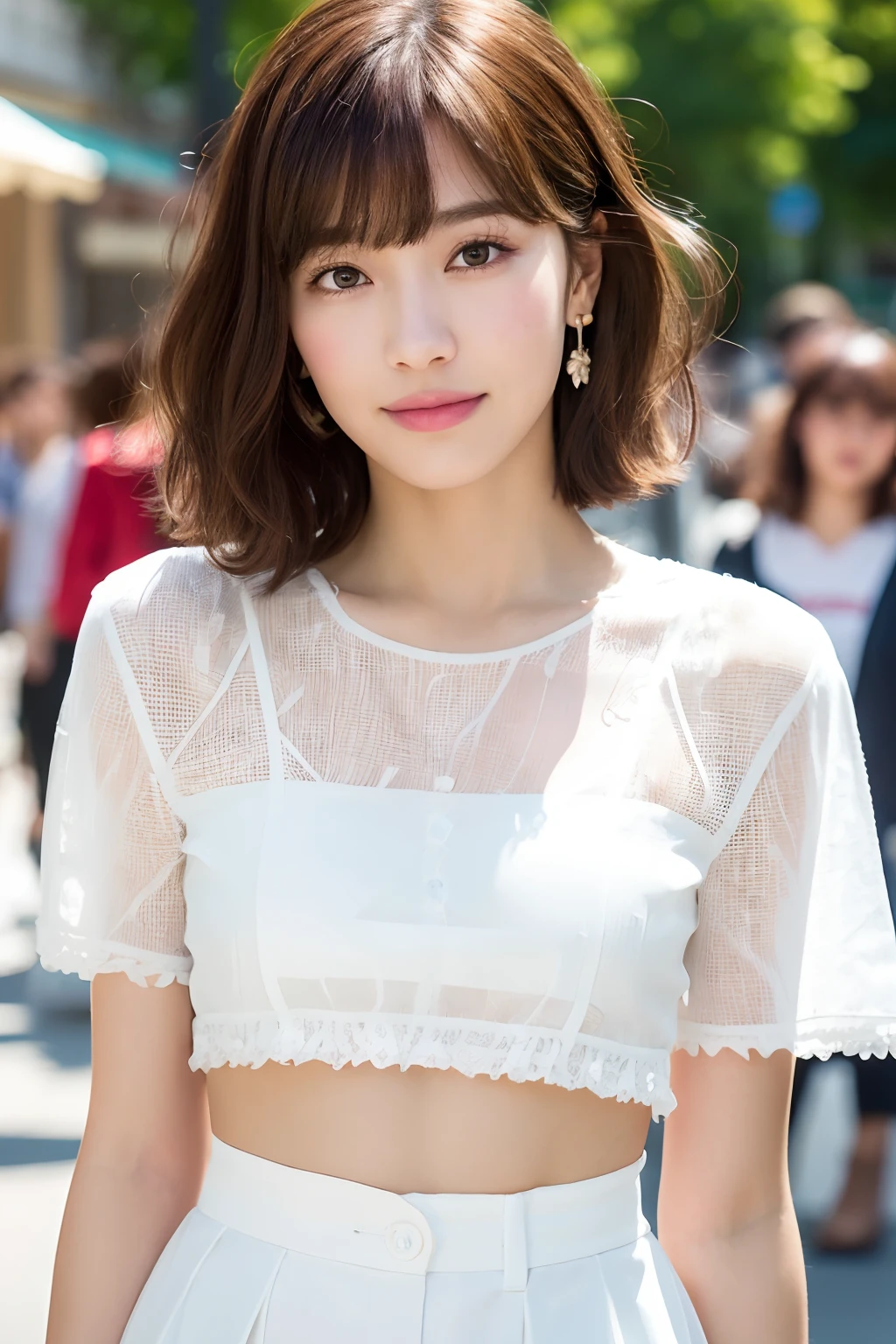 (8k, RAW photos, top quality, masterpiece: 1.2), ultra detailed, super resolution, (real, real photos: 1.37), portraits, high definition RAW color photos, professional photos, very detailed and beautiful, highly detailed, 8k wallpapers, amazing details, huge file size, official art, highly detailed CG Unity 8k wallpapers, highly detailed beautiful girls, highly detailed facesHighly detailed eyes, highly detailed skin, highly detailed fingers, highly detailed nose, highly detailed mouth, perfect anatomy, highly detailed background, highly detailed clothing, one girl, (18:1.2), teen, cute girl, famous Japan idol, cute, realistic body, petite, white skin, radiant skin, slim body, handsome body, brown hair, short curly hair, (blunt bangs: 1.2) , smile, cute, youthful, pretty face, realistic face, delicate eyes, sagging eyes, white shirt, skirt, earrings, camera gaze, cowboy shot, front-facing, standing, contrappost, high street, dynamic lighting,