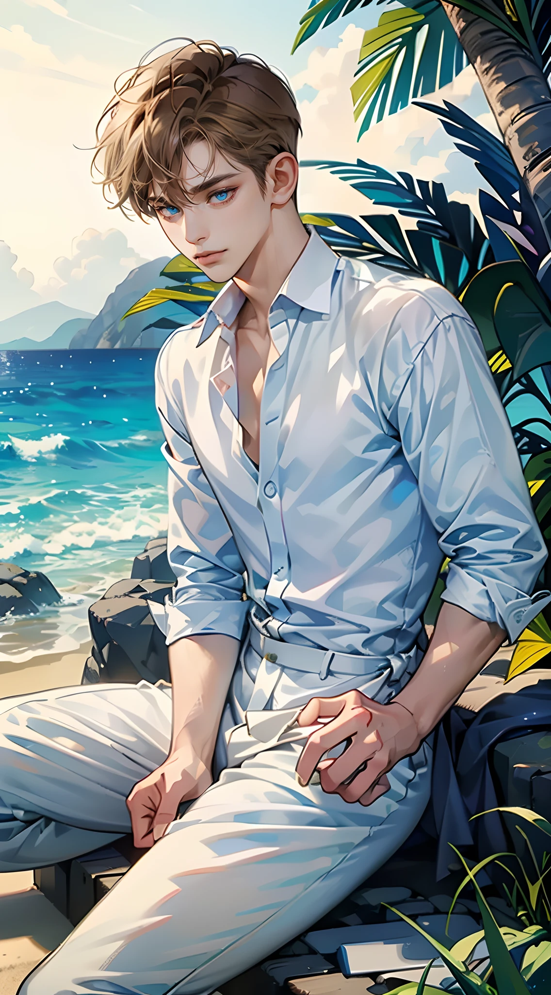 (tmasterpiece,A high resolution,ultra - detailed:1.0),(1boy,Young male:1.3),Perfect male body,(A prince:1.3), Look at the camera,Delicate eyes and delicate face,Extremely detailed CG,Unity 8k wallpaper,Complicated details,solo person, Detailed face, (White silk shirt,Short light brown hair,Sit on a reef by the sea, Blue eyes),exteriors , beachside,color difference, Depth of field,dramatic shadow,Ray tracing,Best quality, sportrait