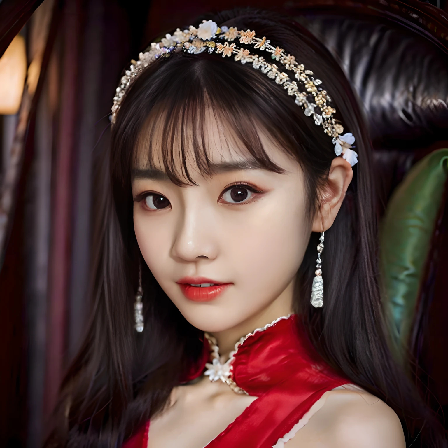 Close-up of a woman in a red dress and TIA, shaxi, wearing tiara, China Princess, Forehead jewelry, Chinese style, beautiful Korean women, Beautiful young Korean woman, Palace , A girl in Hanfu, Chinese girl, corolla, popular korean makeup, Gorgeous young Korean woman, with crown, young cute wan asian face