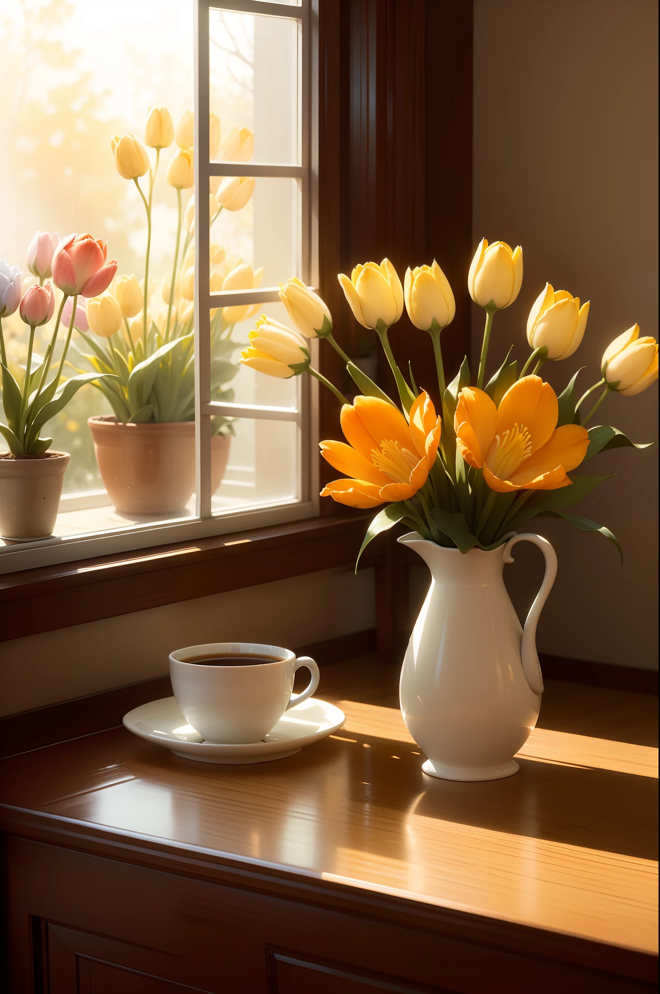 There was a vase of flowers on the table,A cup of coffee was placed on it, warm beautiful scene, :: Morning, Still life photography, author:Shitao, soft light from the window, Soft window light, Soft morning light, window, Wang Chen, Middle metaverse, sunny amber morning light, golden morning light, tulips