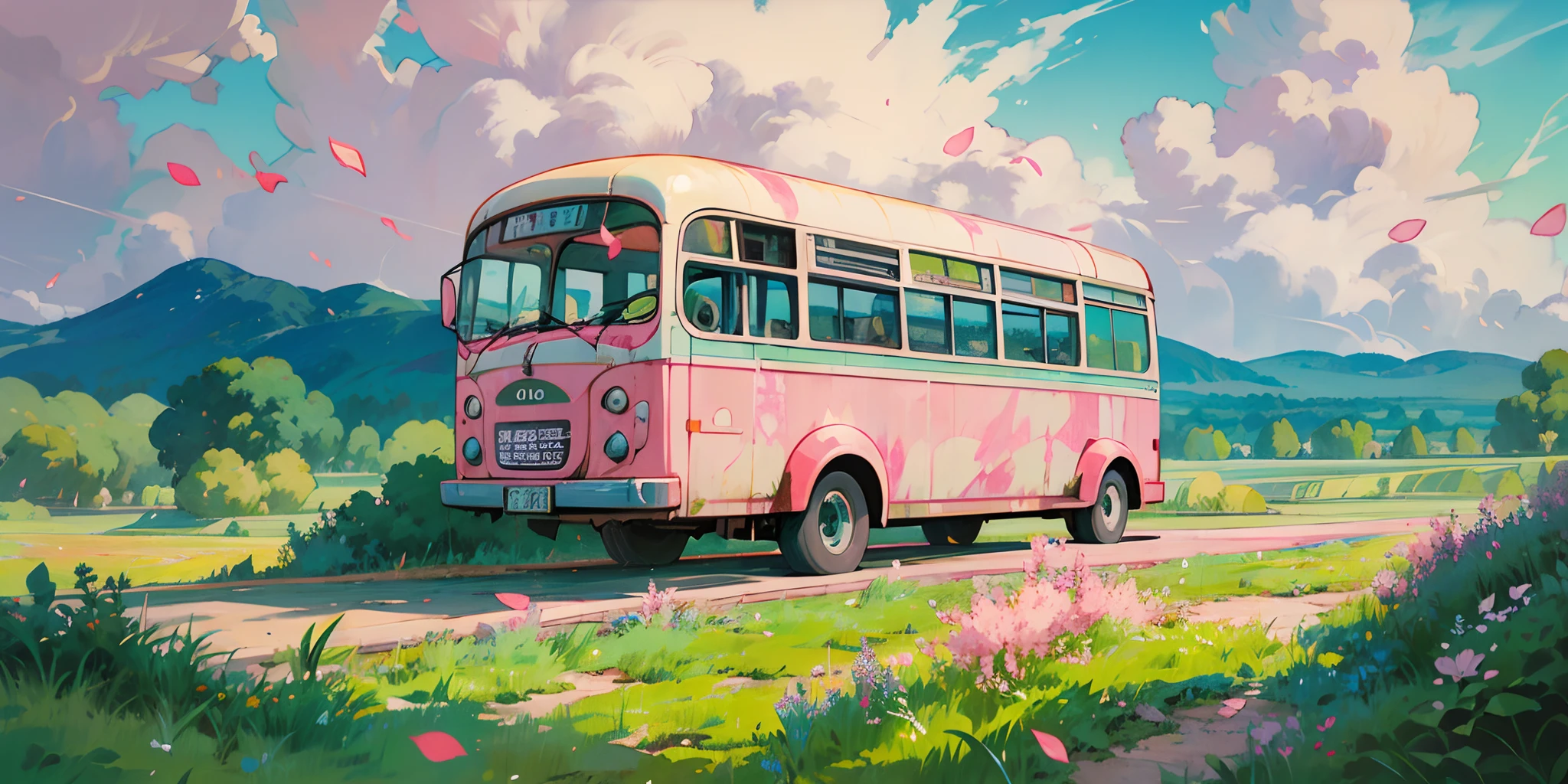 (((best quality)))), Realistic, authentic, beautiful and amazing landscape with a bus on the road oil painting Studio Ghibli Hayao Miyazaki pasture petals with blue sky and white clouds, no humans. A bus journeys west, the windshield flashing pink, pink glancing off of metal, brushing the dented flank of blue, beat-up enamel