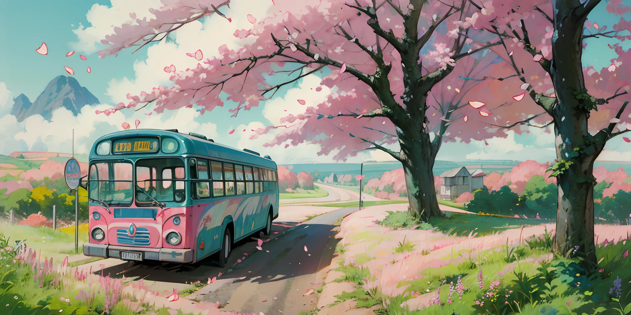 (((best quality)))), Realistic, authentic, beautiful and amazing landscape with a bus on the road oil painting Studio Ghibli Hayao Miyazaki pasture petals with blue sky and white clouds, no humans. A bus journeys west, the windshield flashing pink, pink glancing off of metal, brushing the dented flank of blue, beat-up enamel