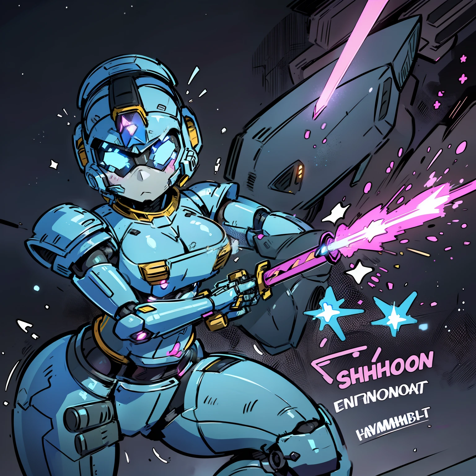 (NSFW:0.7), a cartoon anime style, toonish, Generate a female mecha space ranger soldier character with a strong and heroic appearance, (futuristic armor suit:1.5), (determined expression:2), (energy sword on hip:1.3). Use the color scheme of metallic pink and white for his armor suit. Emphasize the dynamic pose and the presence of stars and galaxies in the background to enhance the sense of space adventure.