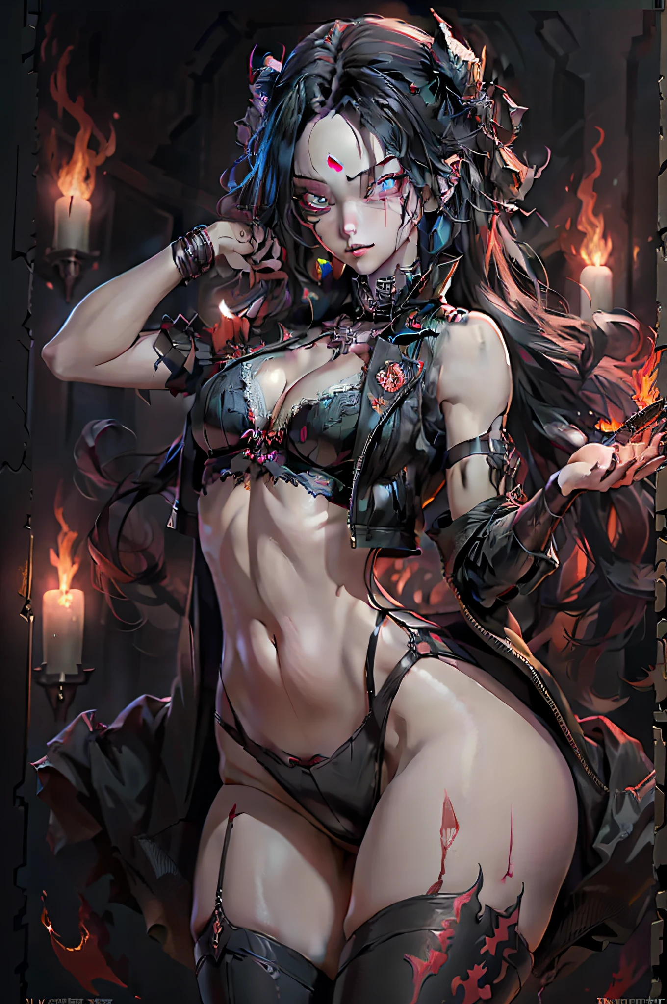 tmasterpiece,Best quality at best,1girl,The demons,Vikas,Black hair,glowing light eyes,unholy,evilsmile,Blood on the face,bloods,,groin,Vest line,Lace bra,Thong suspenders stockings ,Blood on clothes,High contrast lighting,Burning flame background,firey,Devil young beautiful woman, Monster, Masterpiece, high quality raw photo, Cinematic lighting, cinematic colour, Extremely detailed, Best quality, Photorealistic, Ultra photo realsisim, Radio City, 8k hdr, Dark solid background,,Long legs,Vest line,groin,nakeness,