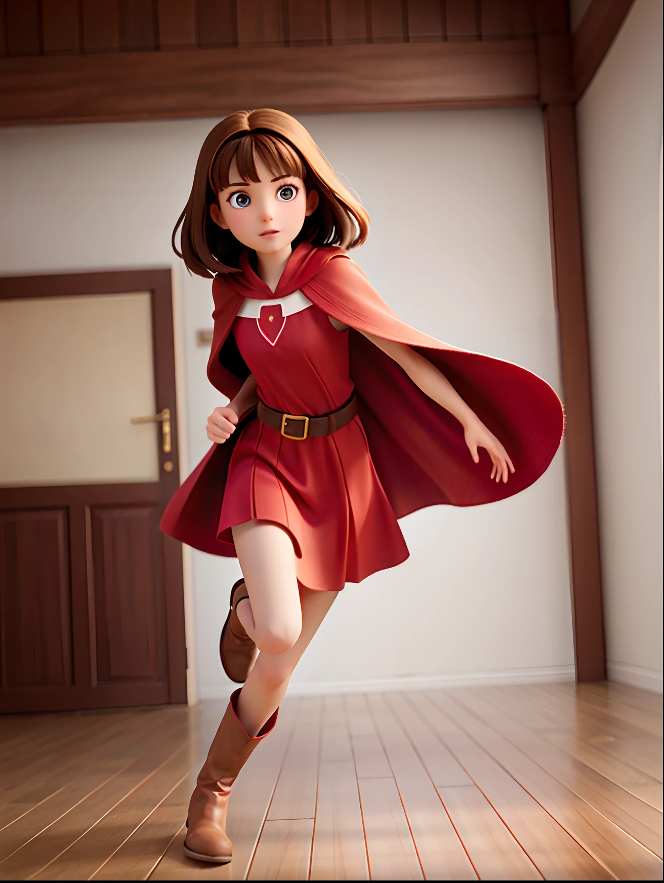 Brunette girl in red cape，Plain red long dress，Brown belt，Brown boots, Same outfit，full bodyesbian, Running ，Beautiful face, Delicate face，beautidful eyes, white backgrounid，Without background