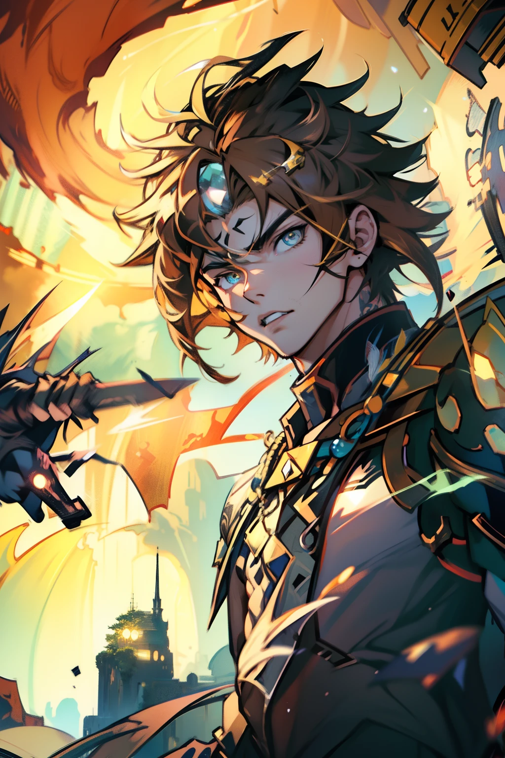 male people，((Masterpiece)), ((Best quality)), Ultra detailed,((illustration)), Dynamic Angle, Detailed light, (Delicate eyes), Floating, 1boy, Male focus, Head, Clothing, Yellow eyes, necklace, tattoo, (Forehead:0.8), (ahoge:0.8), jewelry, apathy，Ray， chest muscle， Sexy ,frontage，style of anime4 K， 4K anime wallpaper， Badass anime 8 K， 4 k comic wallpaper， young anime man， Anime boys， Anime wallpapers 4 k， Anime wallpaper 4K， High quality anime art style， Anime moe art style， Anime art wallpaper 8 K， Anime art wallpaper 4 K， RGB lighting