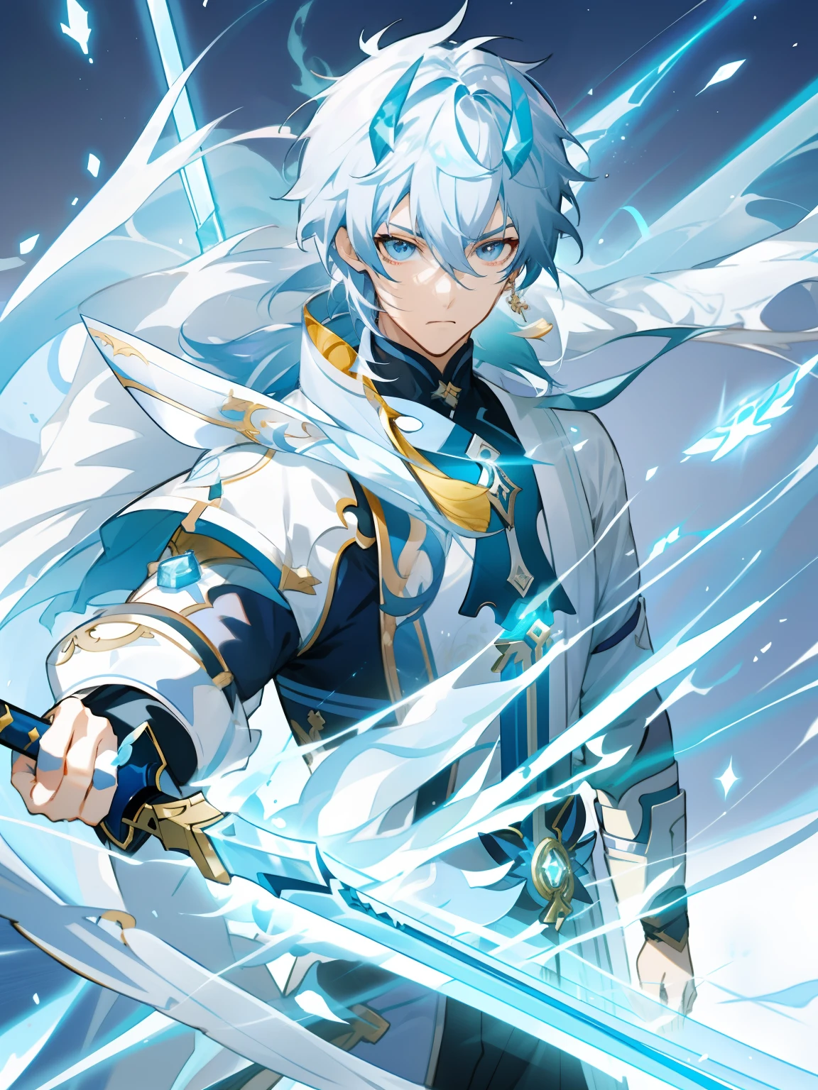 Close-up of man holding sword on blue and white background, Keqing from Genshin Impact, shigenori soejima illustration, trigger anime artstyle, an epic anime of a energy man, holographic blade!, Key anime art, this character has cryokinesis, male anime character, anime fencer, zhongli from genshin impact