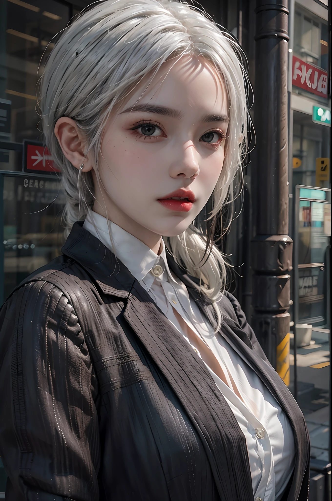 photorealistic, high resolution, 1women, solo, hips up, look at viewer, (detailed face), white hair, black business suit, mafia, tattoo, street, jewelry