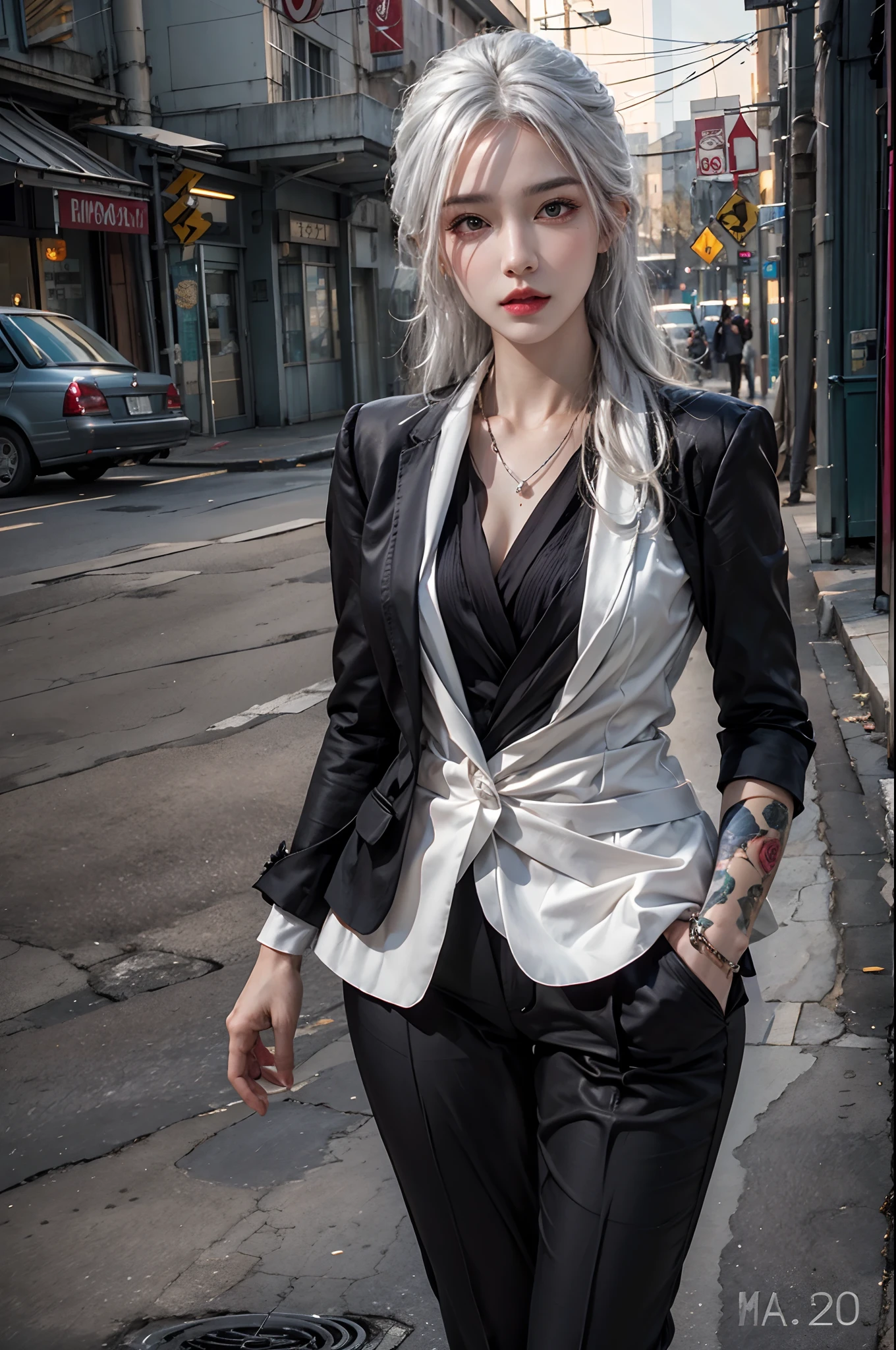 photorealistic, high resolution, 1women, solo, hips up, look at viewer, (detailed face), white hair, black business suit, mafia, tattoo, street, jewelry