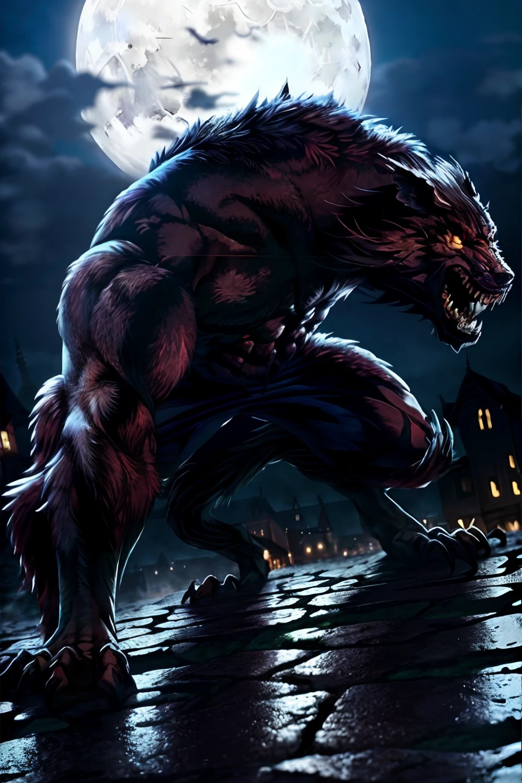 Werewolf with blood teeth,In a medieval town,The background is the moon,Old castle in the distance,the night,full moon,moon full,Deadwood,Ghosting, Mad eyes, Chiaroscuro, Depth of field, Cinematic lighting, Motion blur, color difference, Sparkle, Glowing light, hyper HD, Masterpiece, ccurate, Anatomically correct, Textured skin, Super detail, High details, High quality, A high resolution,Atmospheric perspective, Wide-angle, Sony FE,