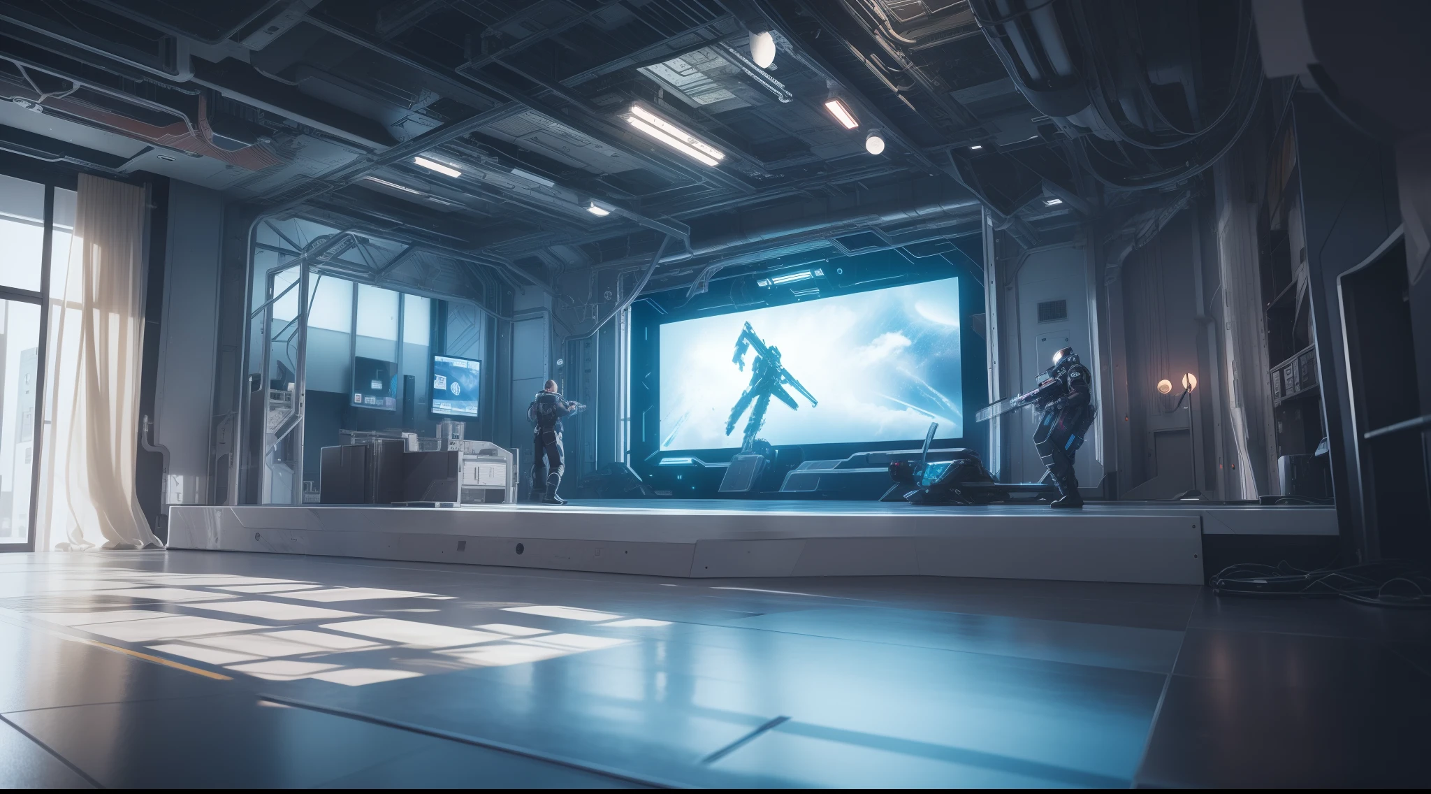 Sci-fi stage scenes,Multiple colors intertwine,Line light,sense of science and technology,Futuristic,stage,Virtual scenes,cyber punk perssonage,Screen,Light buildings,interior scenes,HDR,UHD,8K,best quality,masterpiece,Highly detailed,ultra-fine painting