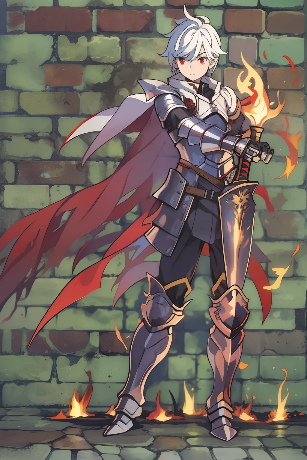 1boy, white hair, red eyes, short hair, solo, armored boots, armored arms, series face, holding sword, holding weapon, armored head, fire
