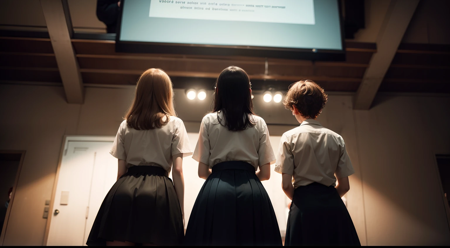 Three girls and one boy, standing together, looking at audience.