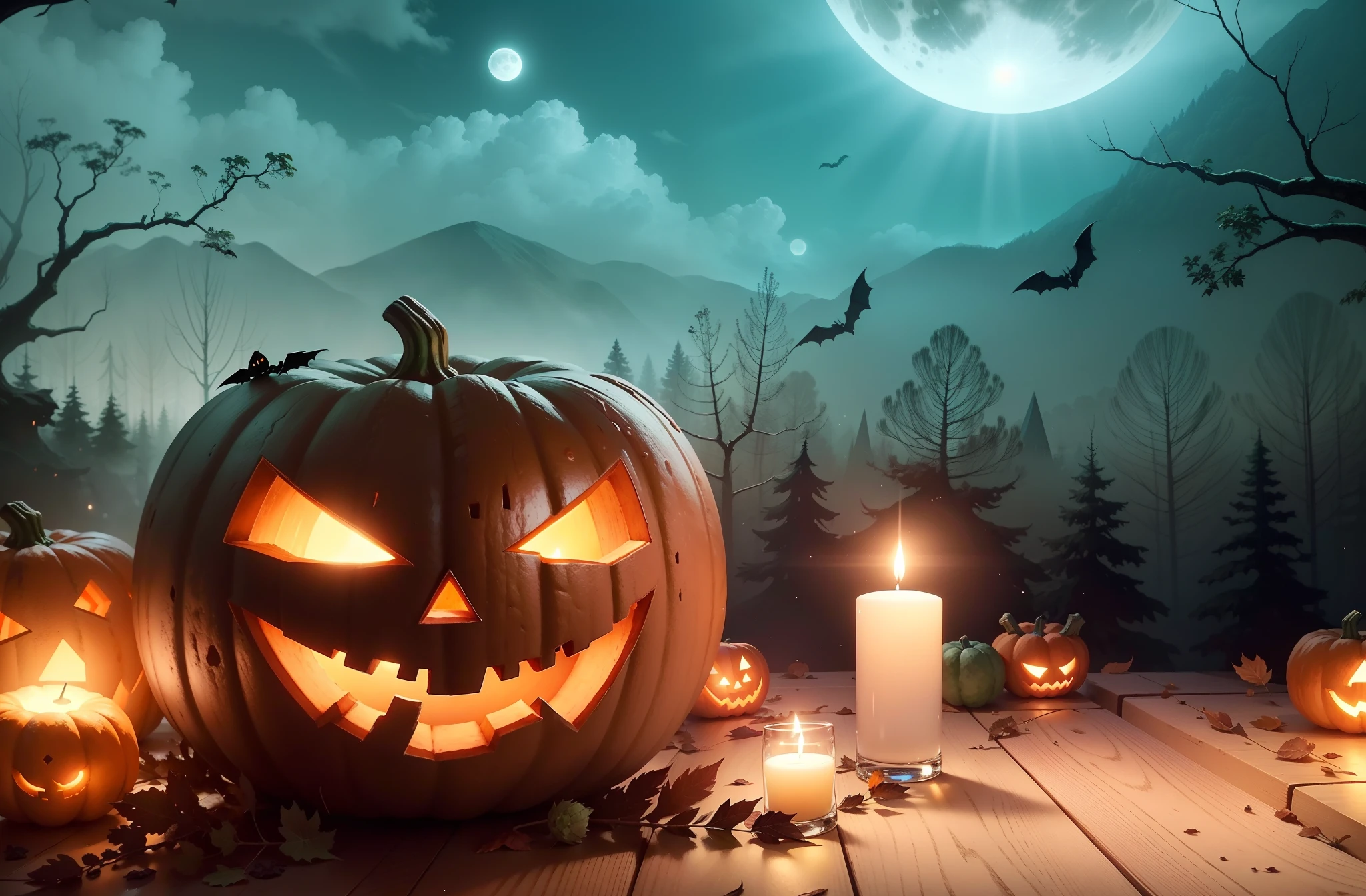 ,The pumpkin head shoots Tyndall rays from both eyes,((64k,hyper HD,top Quority,tmasterpiece:1.2),(realisticlying,realisticlying:1.37),Hyper-detailing,Engaging CG illustrations capture the essence of Halloween. In this scene, An evil, The glowing pumpkin head occupies the center position on the left side of the image. It emits an eerie glow, The reflection is clean, Polished surface of the table. The sky overhead is bathed in dark green tones, creating an otherworldly atmosphere. The full moon hangs in the background, Illuminate the surrounding scene. Flying around are black bats, Their silhouettes contrast with the night sky. A dense forest of eerie trees completes the unforgettable backdrop. The artwork is reminiscent of Tim Burton's Gothic style.