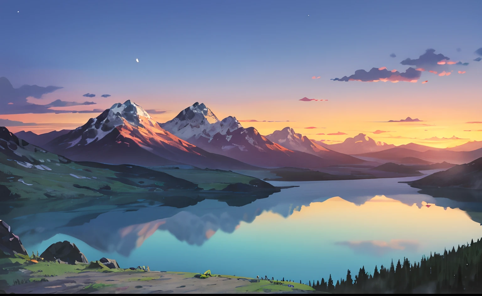 Sunset, bright clouds, secluded lakes, magnificent mountains in the distance