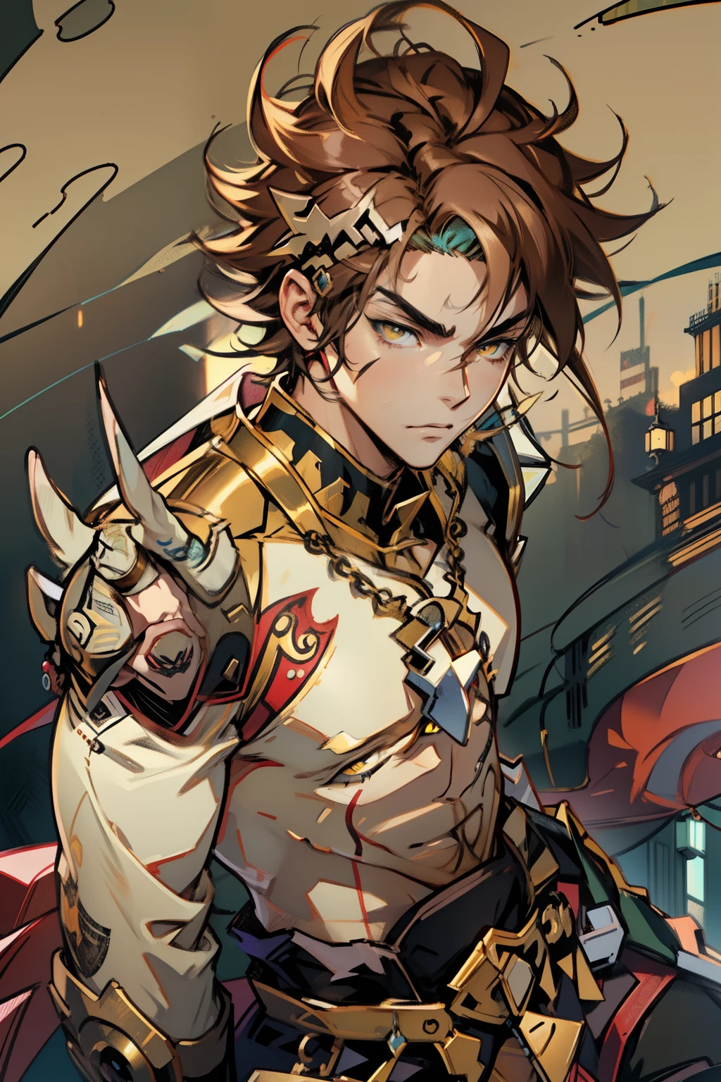 male people，((Masterpiece)), ((Best quality)), Ultra detailed,((illustration)), Dynamic Angle, Detailed light, (Delicate eyes), Floating, 1boy, Male focus, Head, Clothing, Yellow eyes, necklace, tattoo, (Forehead:0.8), (ahoge:0.8), jewelry, apathy，Ray， chest muscle， Sexy ,frontage，style of anime4 K， 4K anime wallpaper， Badass anime 8 K， 4 k comic wallpaper， young anime man， Anime boys， Anime wallpapers 4 k， Anime wallpaper 4K， High quality anime art style， Anime moe art style， Anime art wallpaper 8 K， Anime art wallpaper 4 K， RGB lighting