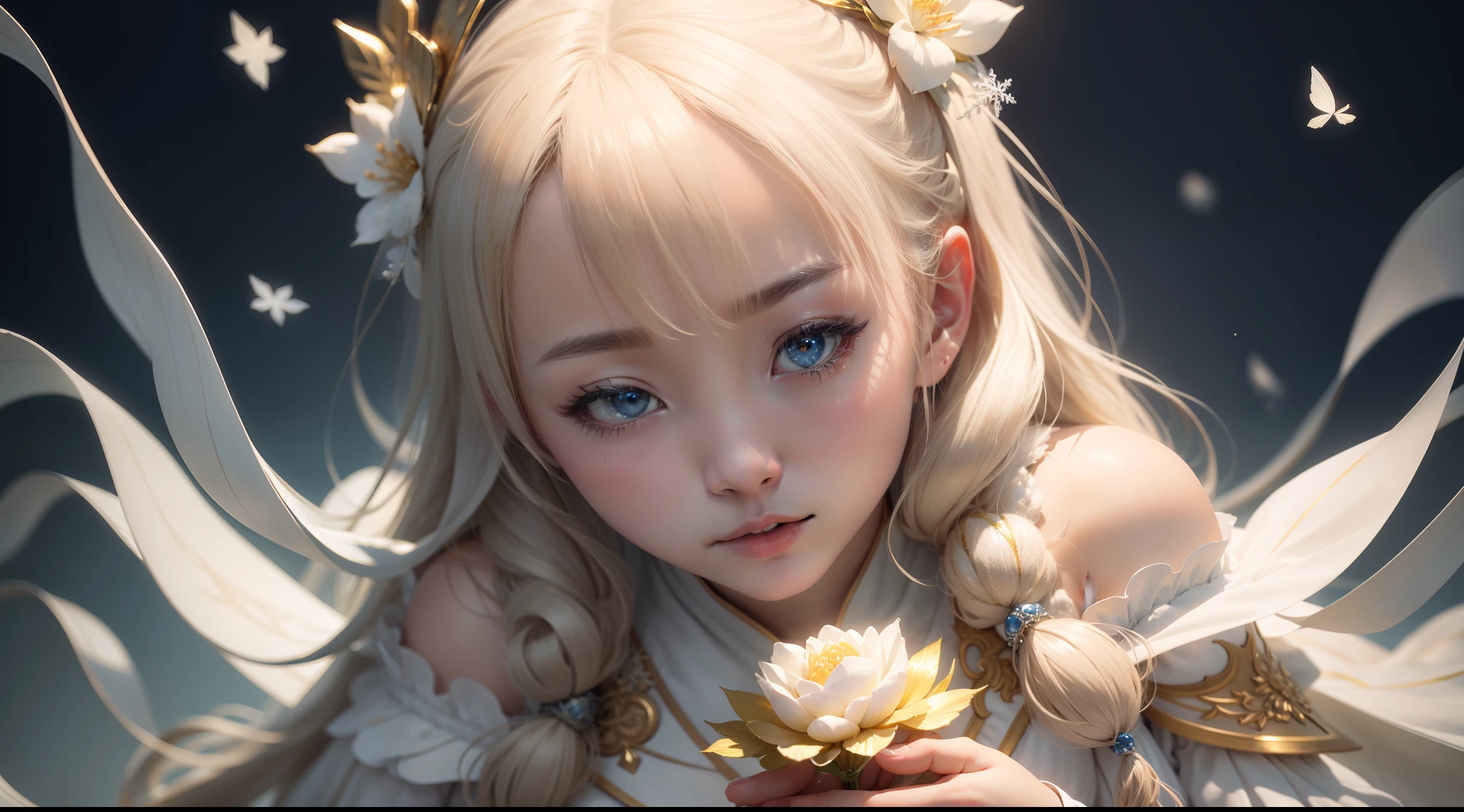 Snowflake、golden colored、white colors、Blue、Yu-hsien、solemnity、Fantastical、Fantastic、Ethereal、Ultra-Realism、Ultra-realistic、Ultra-fine details、Super delicate pattern、Photorealism Based Ultra Detail Widget 1.3, Ultra-detailed depiction、Ultra-clear and ultra-realistic like a photo、Cinematic shots with HDR effect、Vignette and center screen、Generate in automatic mode