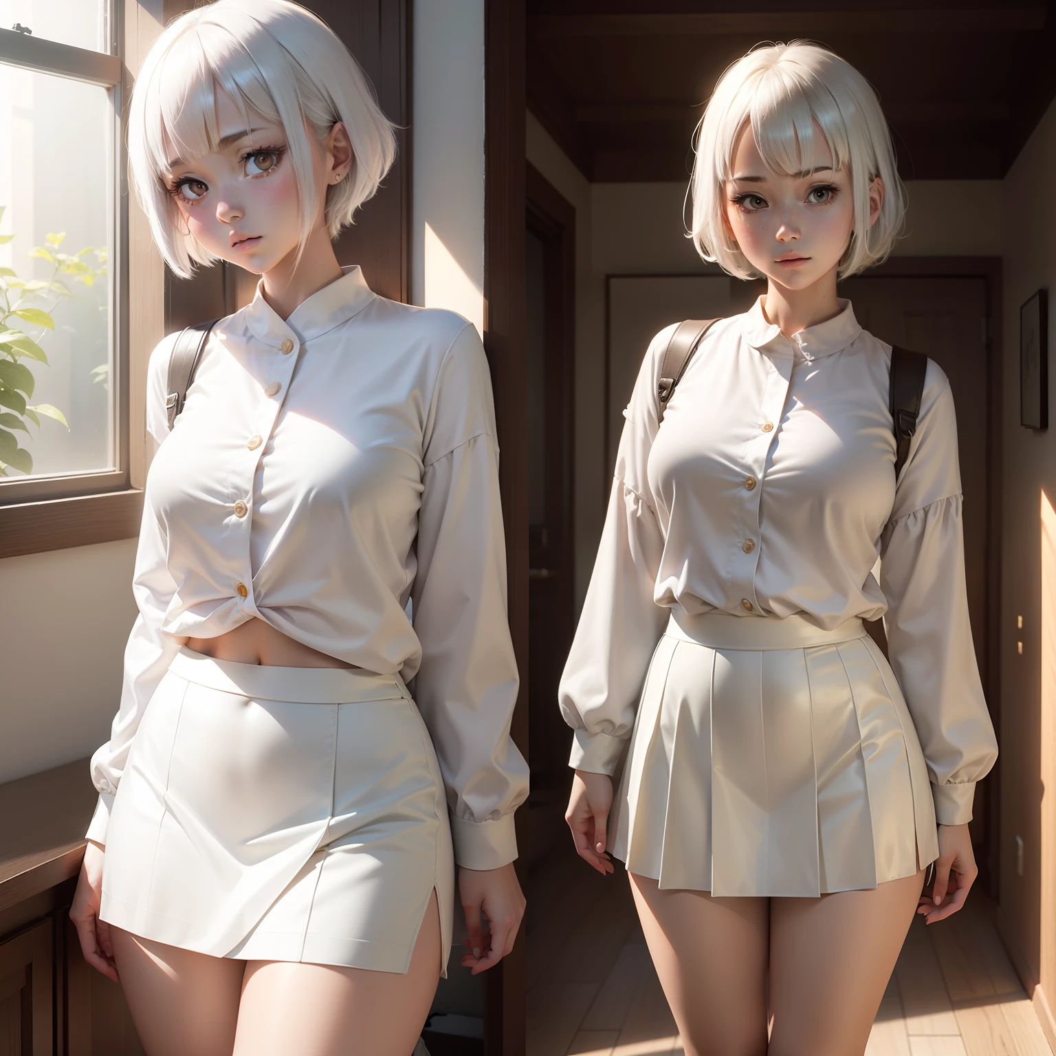 ((masutepiece,Best Quality))1girl in, Short skirt, Short hair, (thick legs:1), cute face white hair, Looking down, Confused face, Glow, in the room, In the house, Realistic Shadows, raytracing sfw, 校服，White pants are visible