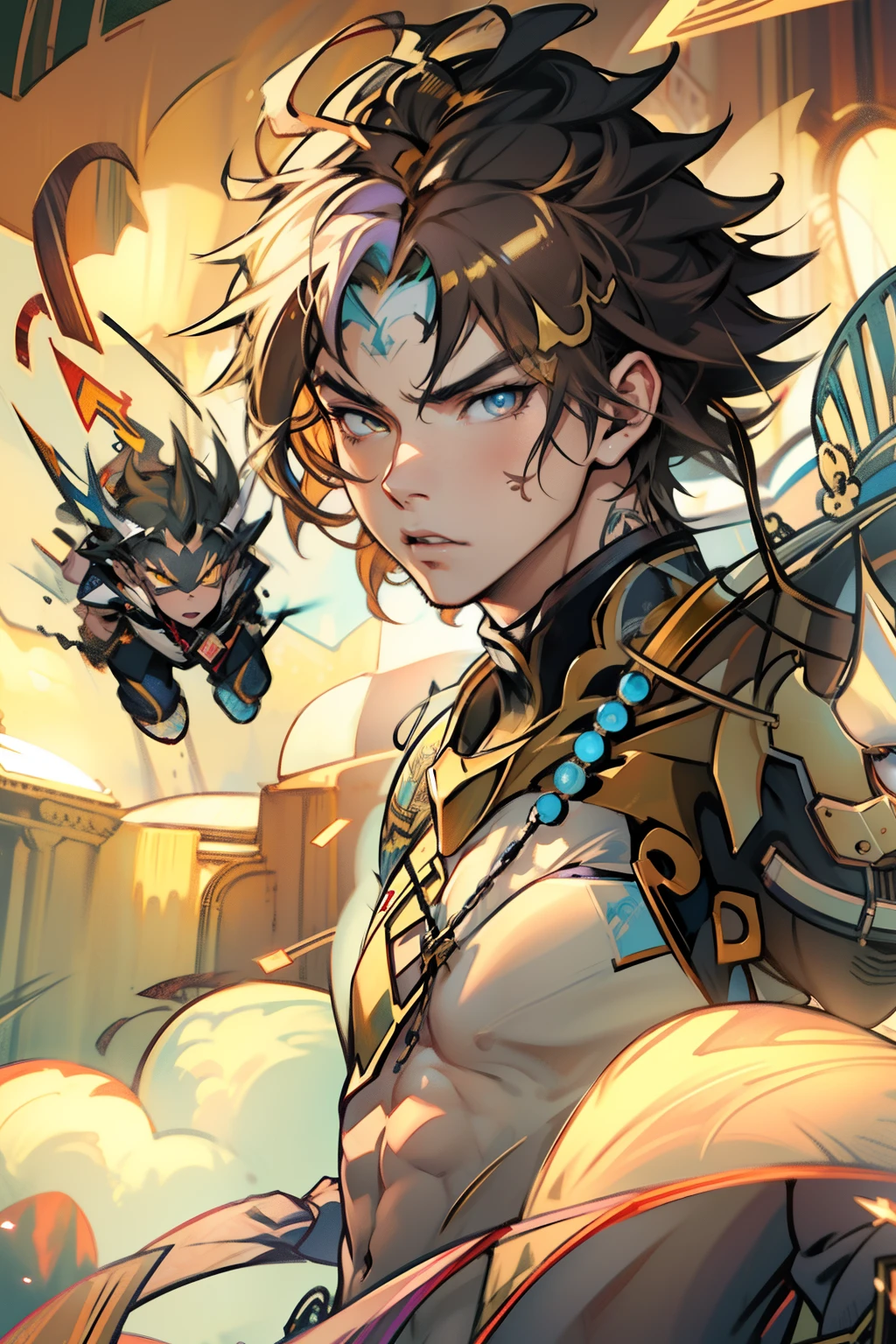 male people,((Masterpiece)), ((Best quality)), Ultra detailed,((illustration)), Dynamic Angle, Detailed light, (Delicate eyes), Floating, 1boy, Male focus, Head, Clothing, Yellow eyes, necklace, tattoo, (Forehead:0.8), (ahoge:0.8), jewelry, apathy,Ray, chest muscle, Sexy ,frontage,style of anime4 K, 4K anime wallpaper, Badass anime 8 K, 4 k comic wallpaper, young anime man, Anime boys, Anime wallpapers 4 k, Anime wallpaper 4K, High quality anime art style, Anime moe art style, Anime art wallpaper 8 K, Anime art wallpaper 4 K, RGB lighting