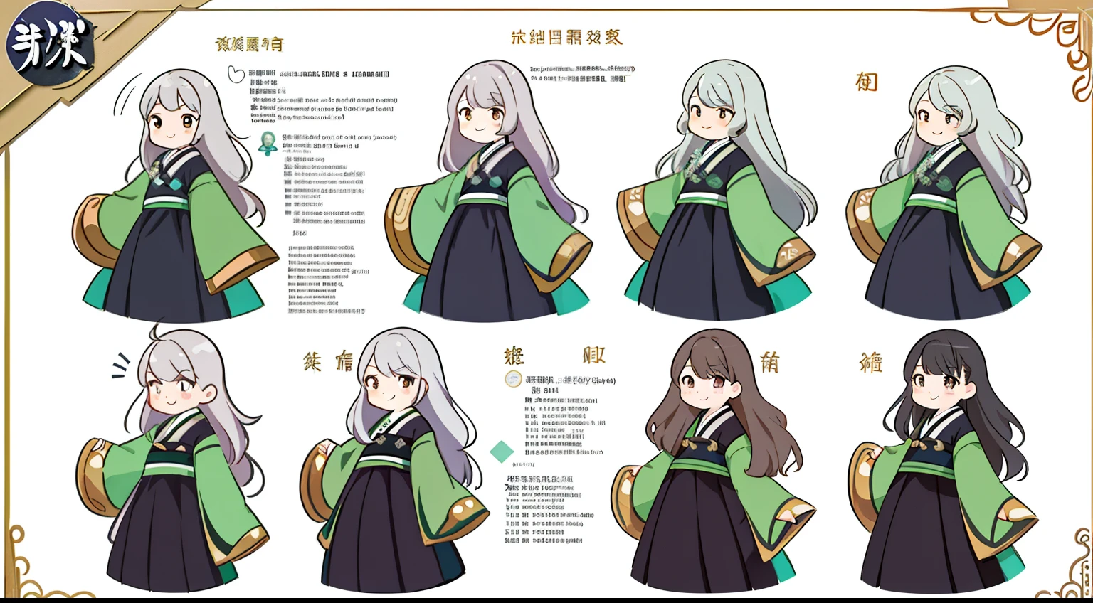 Reference table for cute girls,cabelos preto e longos,ssmile,Hanfu,Gangnam,详细的脸,detailed hairs,Image IP,concept-art,concept art of character,Character sketches,reference sheet,Role table