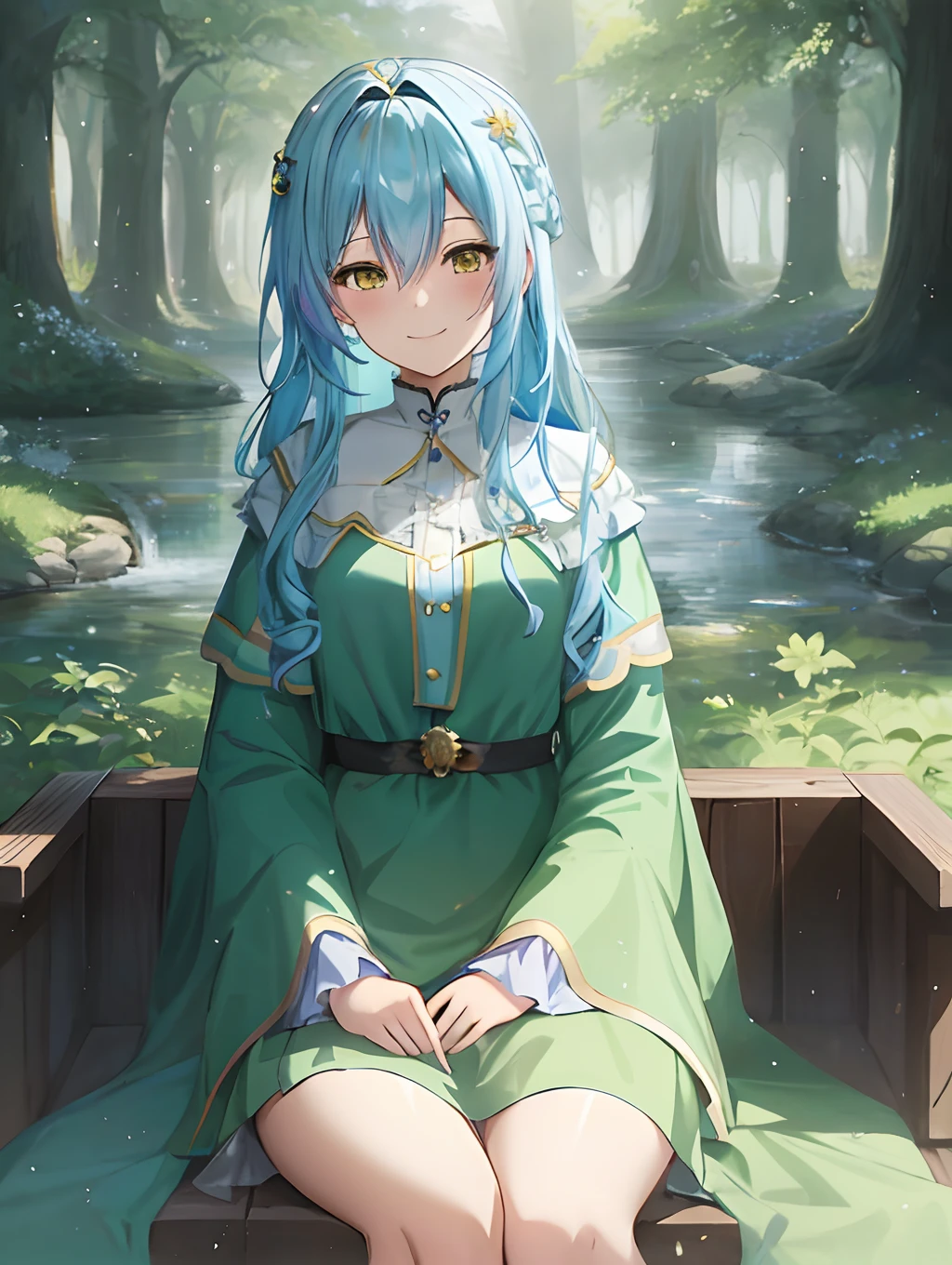 anime girl sitting on a bench in a forest with a stream, anime girl with platinum blue hair with bright yellow eyes shining like the sun, anime moe artstyle, serene smile, anime goddess, beautiful anime portrait, ((a beautiful fantasy empress)), anime lush john 8k woods, cunning smile, beautiful maiden, guweiz on pixiv artstation, official art, beautiful anime girl