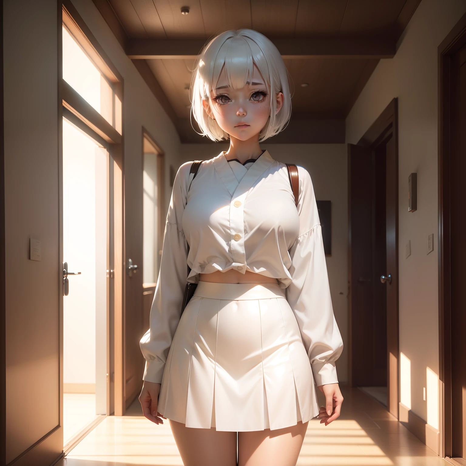 ((masutepiece,Best Quality))1girl in, Short skirt, Short hair, (thick legs:1), cute face white hair, Looking down, Confused face, Glow, in the room, In the house, Realistic Shadows, raytracing sfw, 校服，White pants are visible