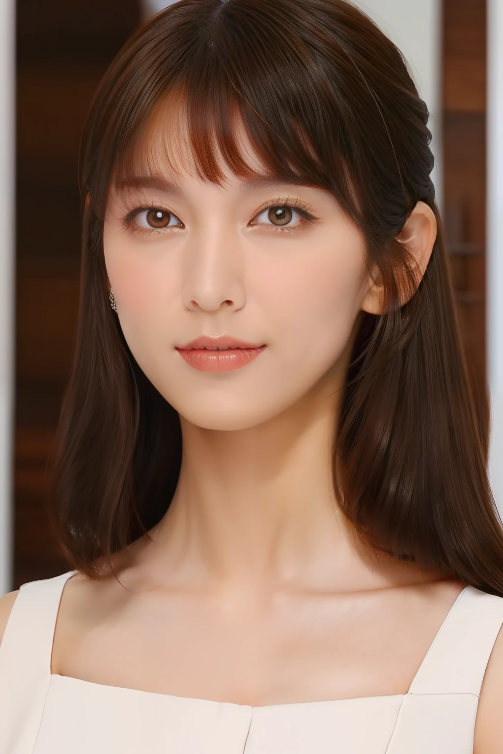 feminine makeup, ((Feminine medium hair, Brown hair color,flowing bangs: 1.5)), Feminine off-shoulder blouse