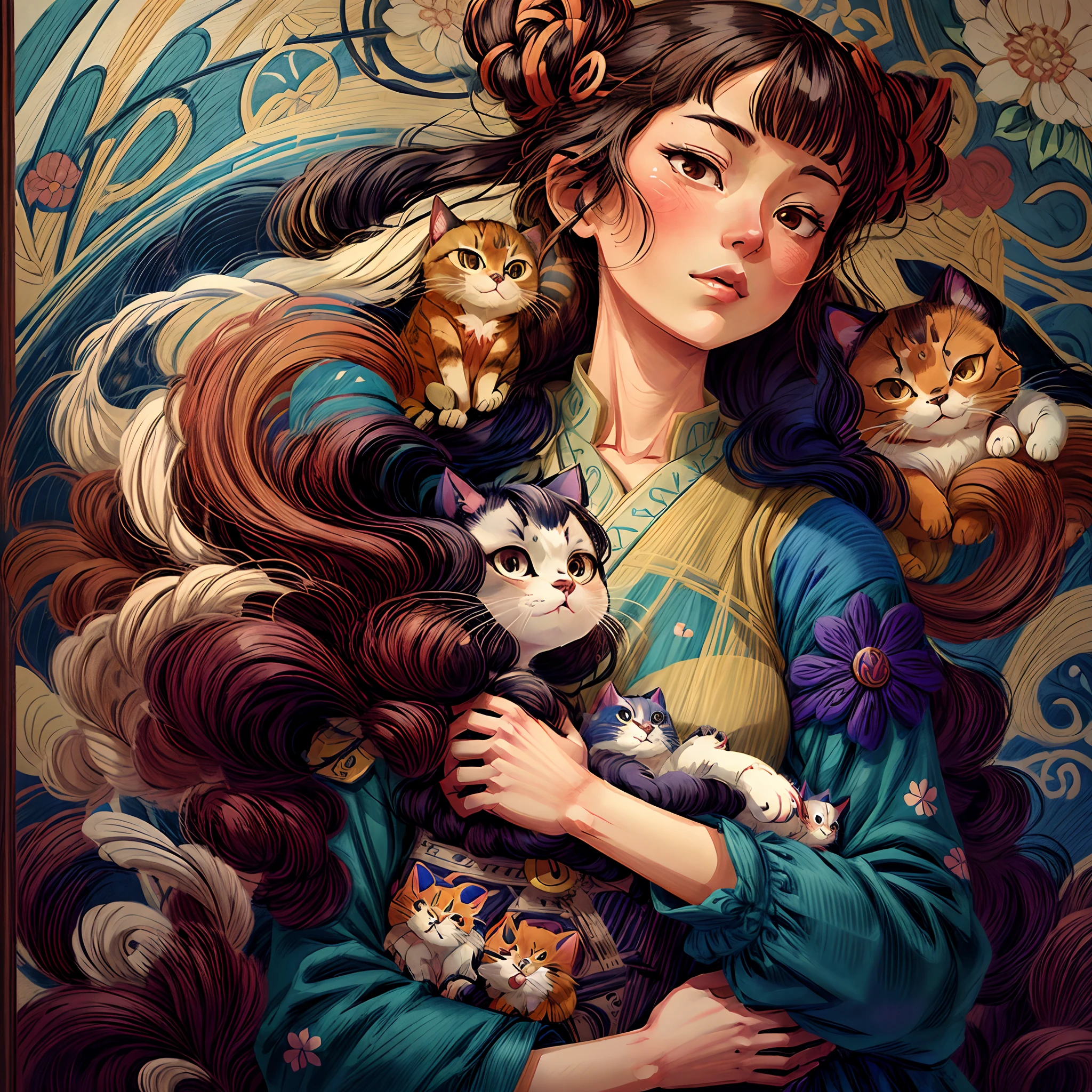 painting of a woman with a cat in her arms, inspired by Yoshihiko Wada, anime art nouveau, korean art nouveau anime, in the art style of ukiyo - e, manara, persian folktale artstyle, in the art style of bowater, inspired by Koryusai Isoda, woman and cat, digital anime illustration