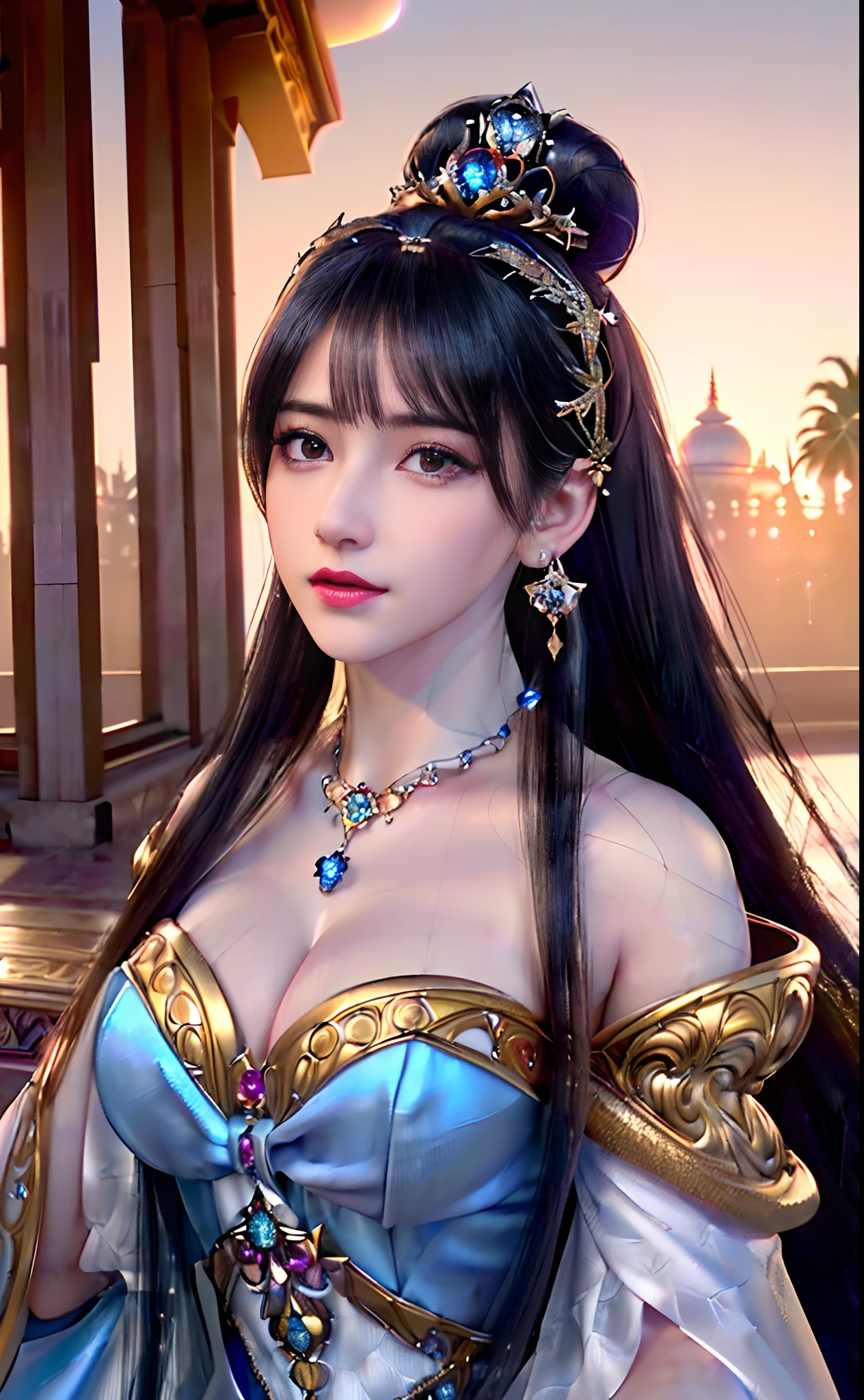 ((realisticity: 1.2)), ((realistic: 8K UHD)), ((best resolution: 8K UHD)), hyper detailed, best quality,masterpiece,highres,cg,
((1 hyper detailed and hyper realistic girl)), ((very beautiful queen dazzling, hyper realistic, and hyper detailed)),((white skin, beautiful, smooth, youthful, hyper realistic and hyper detailed
)), ((Hyper beautiful face, white, hyper realistic and hyper detailed)), long hair, ((hyper realistic and hyper detailed dress)), solo, ((hyper realistic, hyper beautiful, gorgeous and hyper detailed jewelry)), ((hyper beautiful, hyper realistic and hyper detailed dark red and golden yellow dress)),
((Hyper beautiful, hyper realistic, hyper detailed diamond filled earrings)),
  ((Hyper beautiful, hyper realistic and hyper detailed diamond filled hair ornament)), ((hyper beautiful upper body, hyper beautiful, hyper 
 realistic and hyper detailed)), ((big breasts: 2.5)), 
((Hyper grand, hyper realistic and hyper detailed royal palace backgroun))
((Hyper beautiful, hyper beautiful, hyper realistic and hyper detailed hair bun)), ((hyper beautiful, hyper realistic and hyper detailed blue hair)),
candid, Photograph, high resolution, 8k,Bokeh,