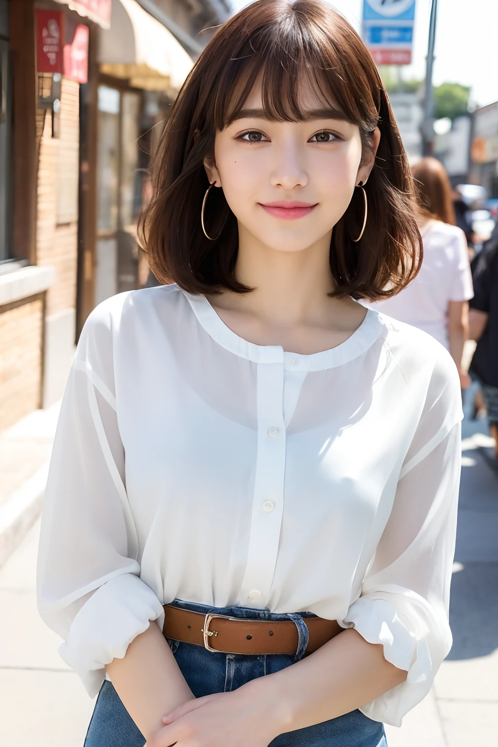 (8k, RAW photos, top quality, masterpiece: 1.2), ultra detailed, super resolution, (real, real photos: 1.37), portraits, high definition RAW color photos, professional photos, very detailed and beautiful, highly detailed, 8k wallpapers, amazing details, huge file size, official art, highly detailed CG Unity 8k wallpapers, highly detailed beautiful girls, highly detailed facesHighly detailed eyes, highly detailed skin, highly detailed fingers, highly detailed nose, highly detailed mouth, perfect anatomy, highly detailed background, highly detailed clothing, one girl, (18:1.2), teen, cute girl, famous Japan idol, cute, realistic body, petite, white skin, radiant skin, slim body, handsome body, brown hair, short curly hair, (blunt bangs: 1.2) , smile, cute, youthful, pretty face, realistic face, delicate eyes, sagging eyes, white shirt, skirt, earrings, camera gaze, cowboy shot, front-facing, standing, contrappost, high street, dynamic lighting,