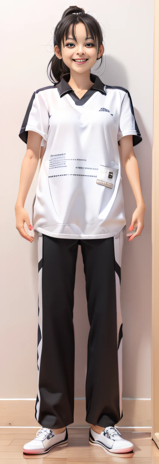 A female high school student，White loose T-shirt，Black loose sweatpants，Black and white shoes，With a ponytail，Happy smile