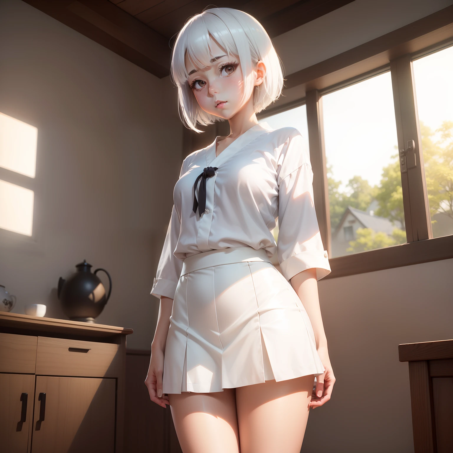 ((masutepiece,Best Quality))1girl in, Short skirt, Short hair, (thick legs:1), cute face white hair, Looking down, Confused face, Glow, in the room, In the house, Realistic Shadows, raytracing sfw, 校服,White pants are visible