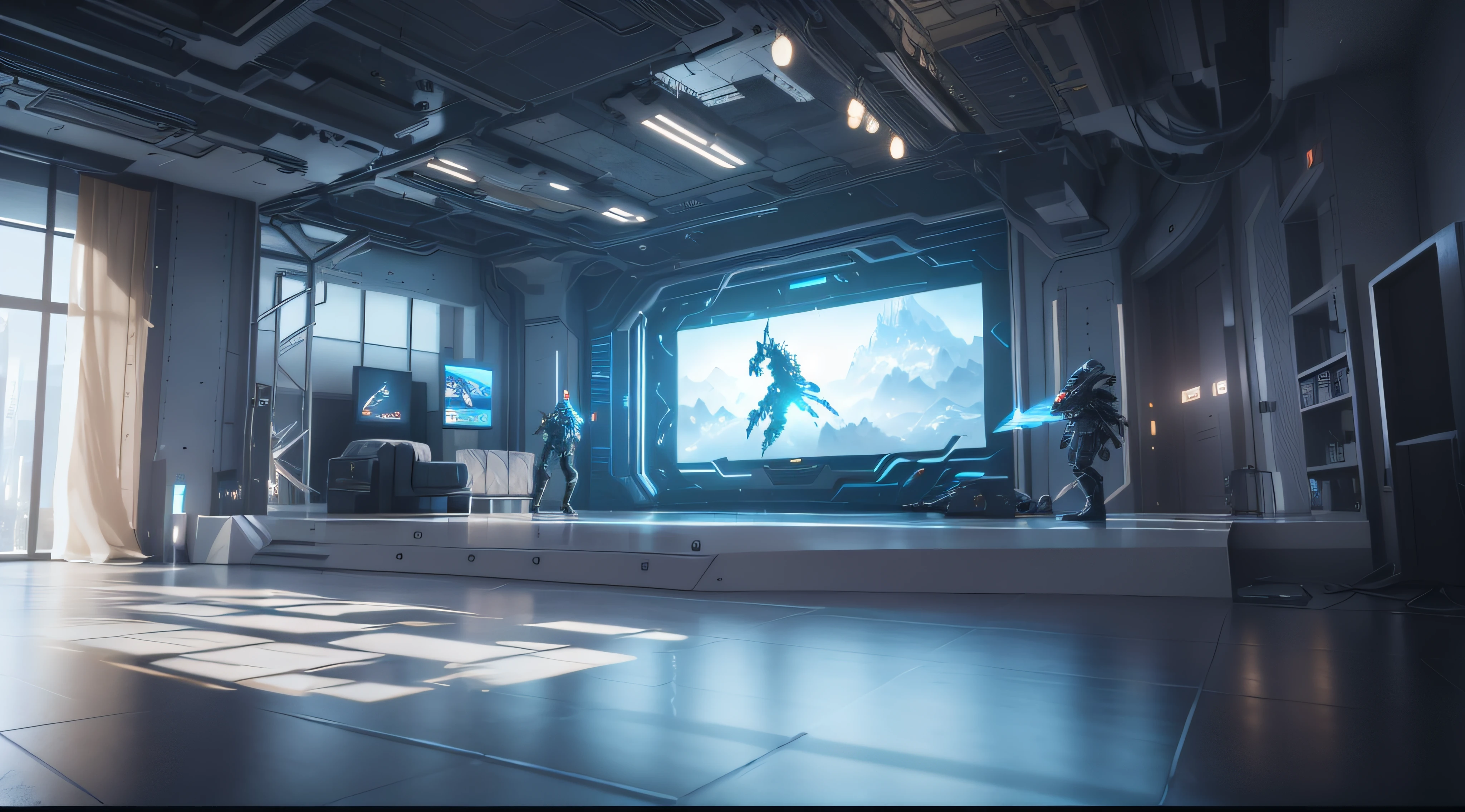 There is a big screen in the room with a lot of windows, 8 K high detail concept art, detailed cinematic rendering, Unreal Engine renders concept art, Solo Performance Unreal Engine, cinematic render unreal engine, depicted as a scifi scene, 8k hd concept art, cinematic scifi shot, 8 k concept art, illusory engine. cinematic Film still from, 8k concept art