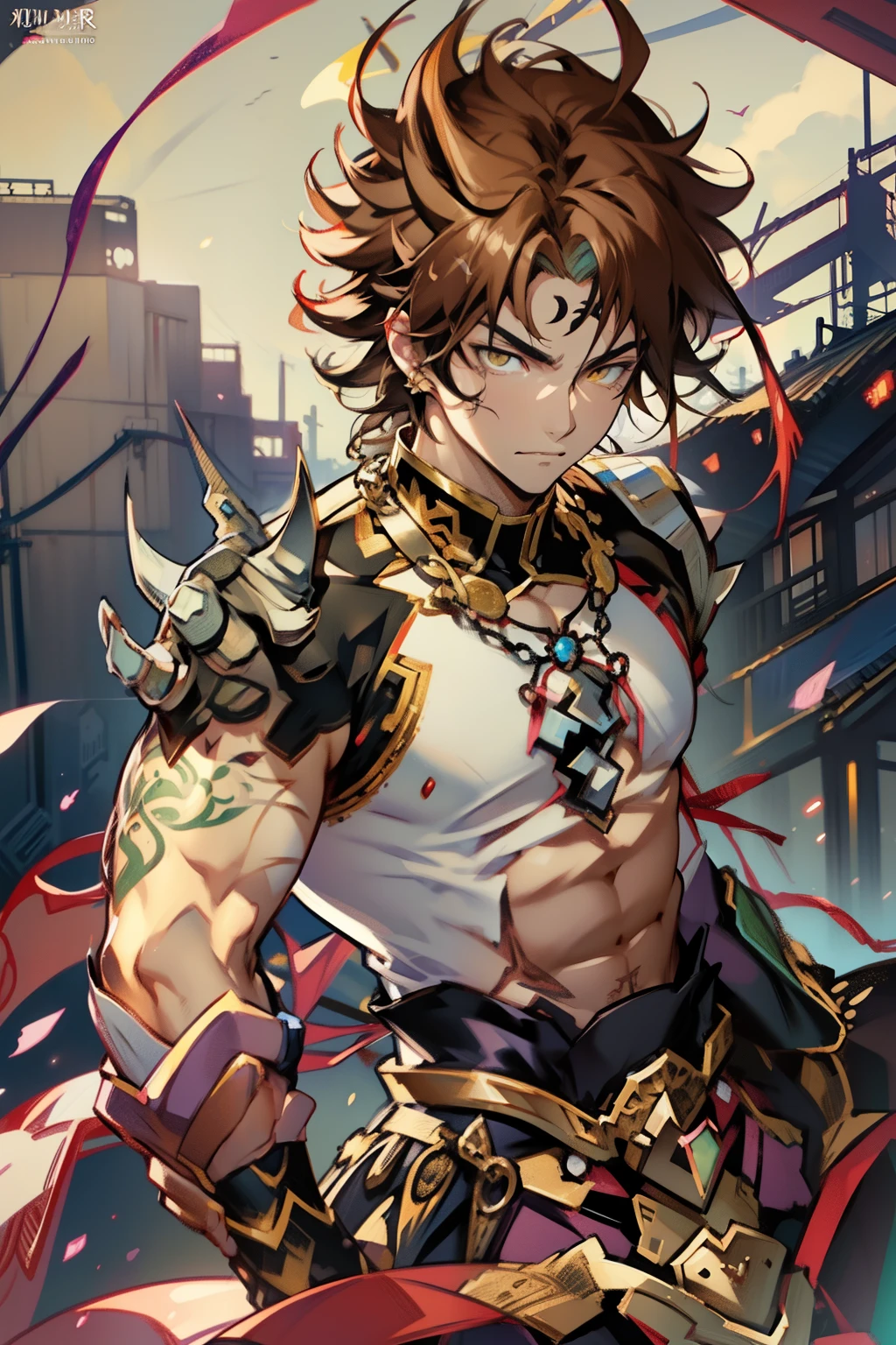 male people，((Masterpiece)), ((Best quality)), Ultra detailed,((illustration)), Dynamic Angle, Detailed light, (Delicate eyes), Floating, 1boy, Male focus, Head, Clothing, Yellow eyes, necklace, tattoo, (Forehead:0.8), (ahoge:0.8), jewelry, apathy，Ray， chest muscle， Sexy ,frontage，style of anime4 K， 4K anime wallpaper， Badass anime 8 K， 4 k comic wallpaper， young anime man， Anime boys， Anime wallpapers 4 k， Anime wallpaper 4K， High quality anime art style， Anime moe art style， Anime art wallpaper 8 K， Anime art wallpaper 4 K， RGB lighting
