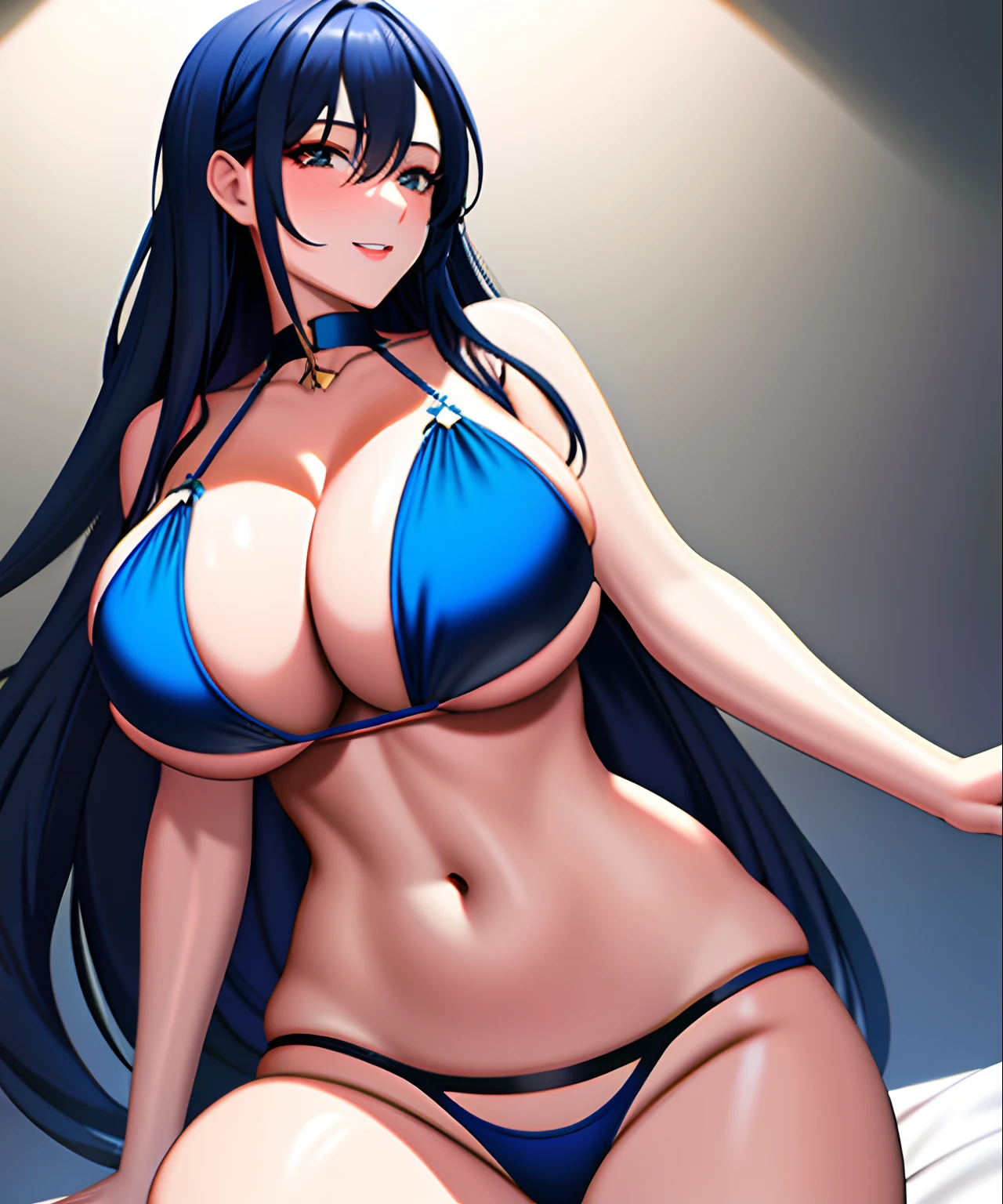 1girll，Has long dark blue hair，A MILF，,They have large breasts and expose cleavage，very seductive，Expose the whole body，in a bikini