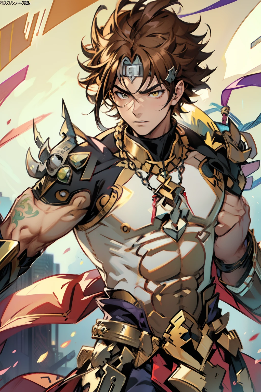 male people,((Masterpiece)), ((Best quality)), Ultra detailed,((illustration)), Dynamic Angle, Detailed light, (Delicate eyes), Floating, 1boy, Male focus, Head, Clothing, Yellow eyes, necklace, tattoo, (Forehead:0.8), (ahoge:0.8), jewelry, apathy,Ray, chest muscle, Sexy ,frontage,style of anime4 K, 4K anime wallpaper, Badass anime 8 K, 4 k comic wallpaper, young anime man, Anime boys, Anime wallpapers 4 k, Anime wallpaper 4K, High quality anime art style, Anime moe art style, Anime art wallpaper 8 K, Anime art wallpaper 4 K, RGB lighting